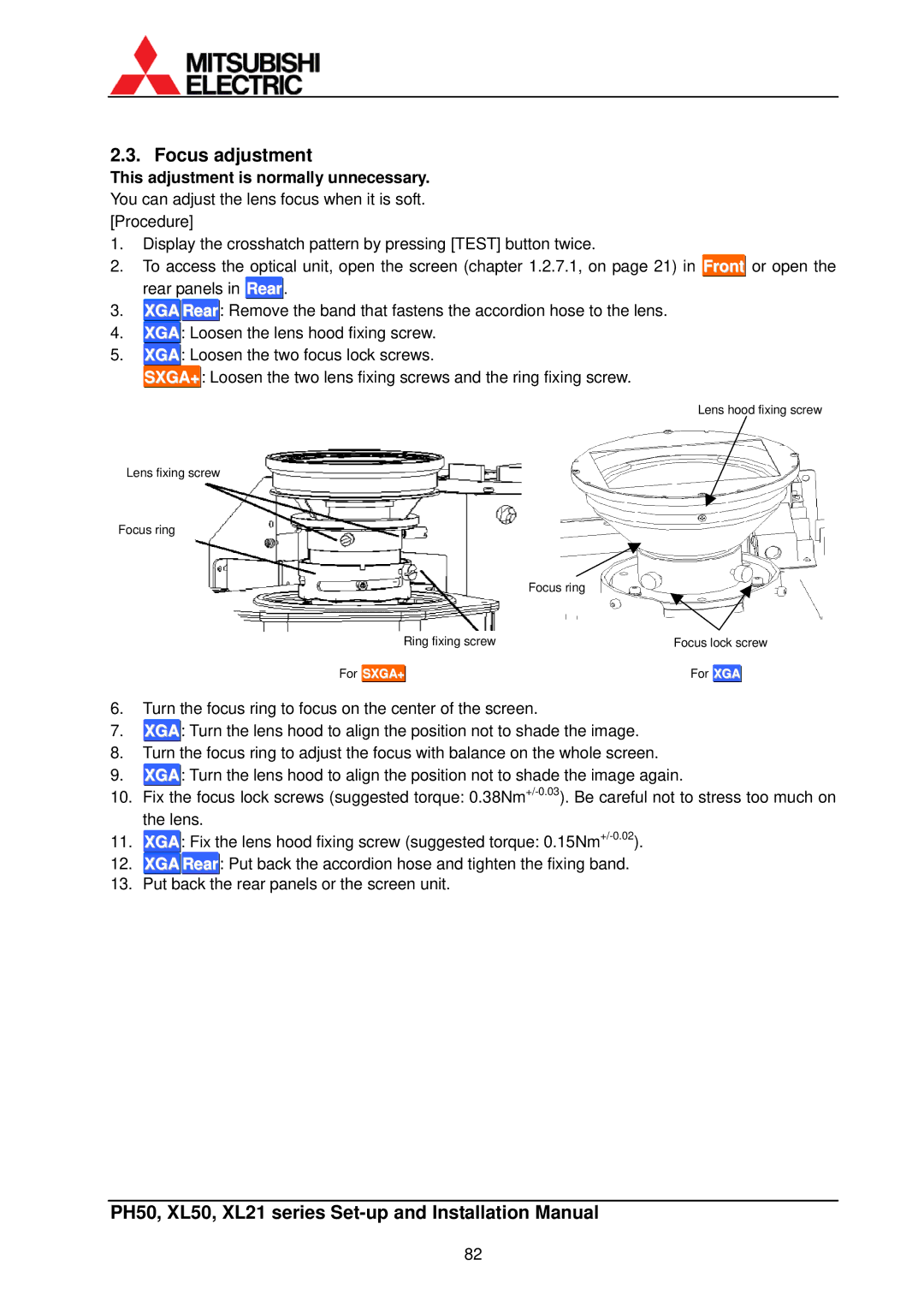 Mitsubishi Electronics XL50, XL21 installation manual Focus adjustment 