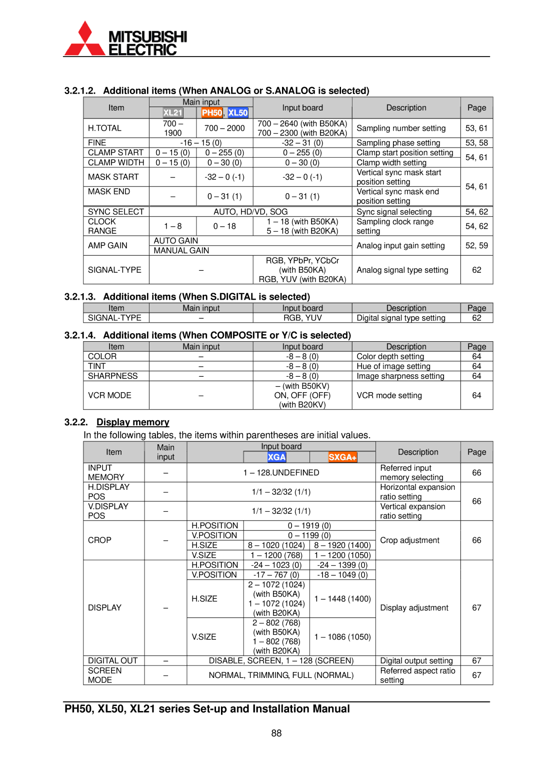 Mitsubishi Electronics XL50, XL21 installation manual Additional items When Analog or S.ANALOG is selected, Display memory 