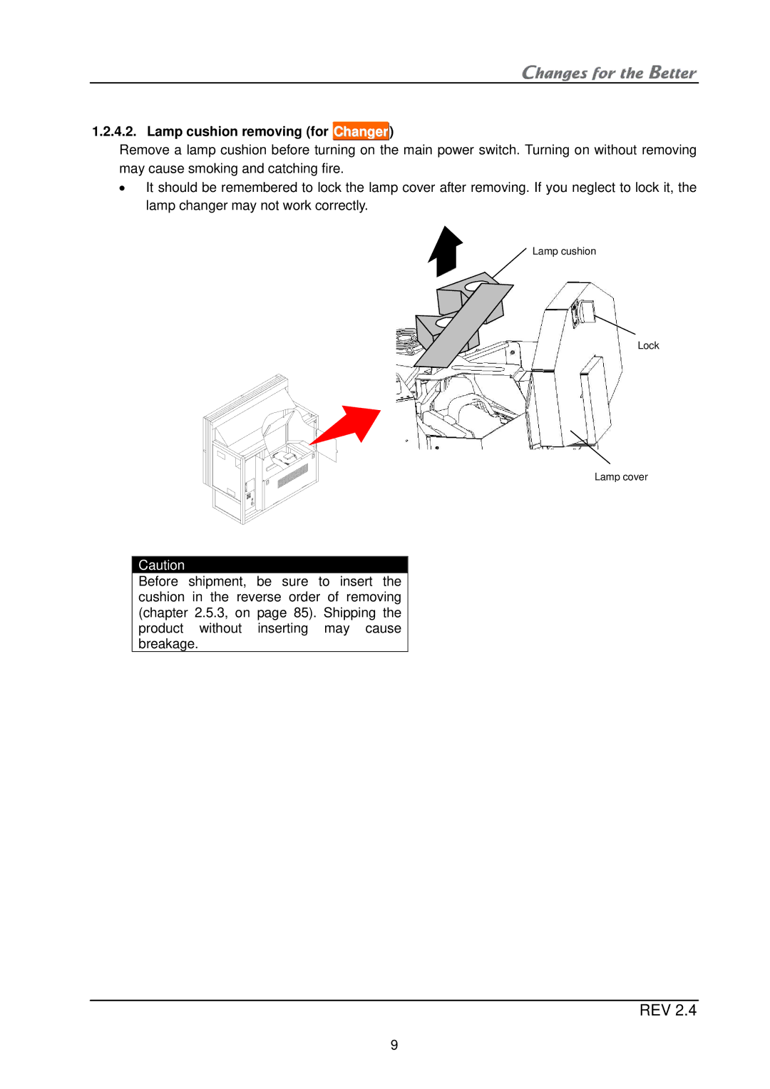 Mitsubishi Electronics XL21, XL50 installation manual Lamp cushion removing for Changer 