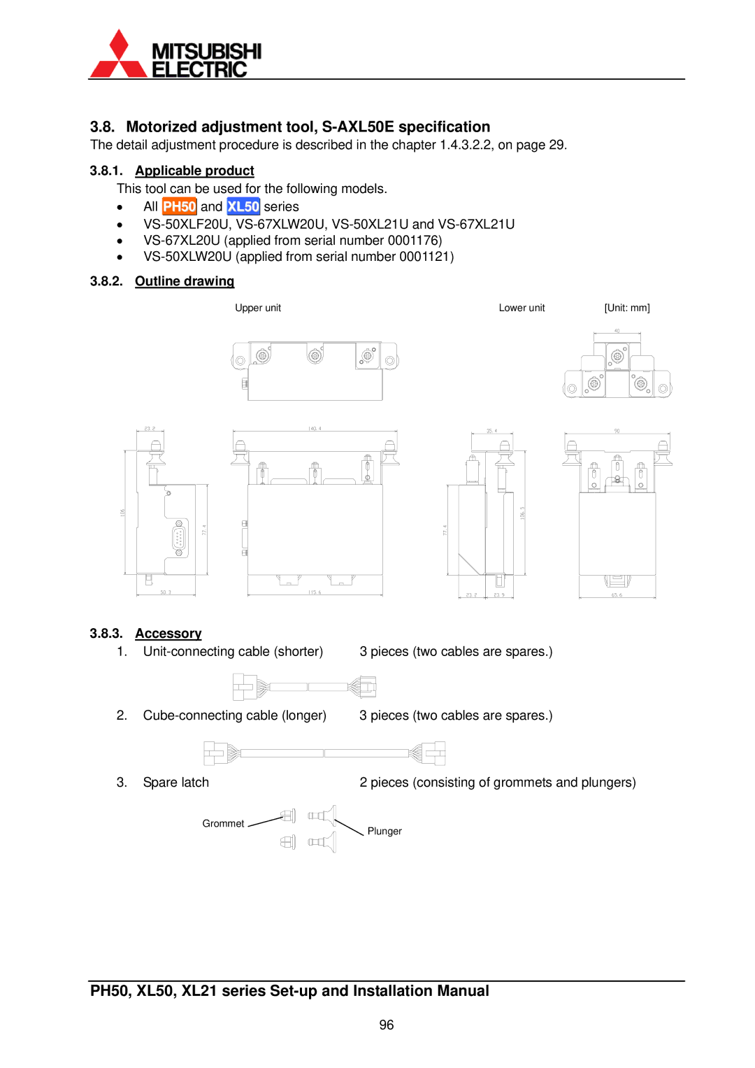 Mitsubishi Electronics XL21 Motorized adjustment tool, S-AXL50E specification, Applicable product, Outline drawing 