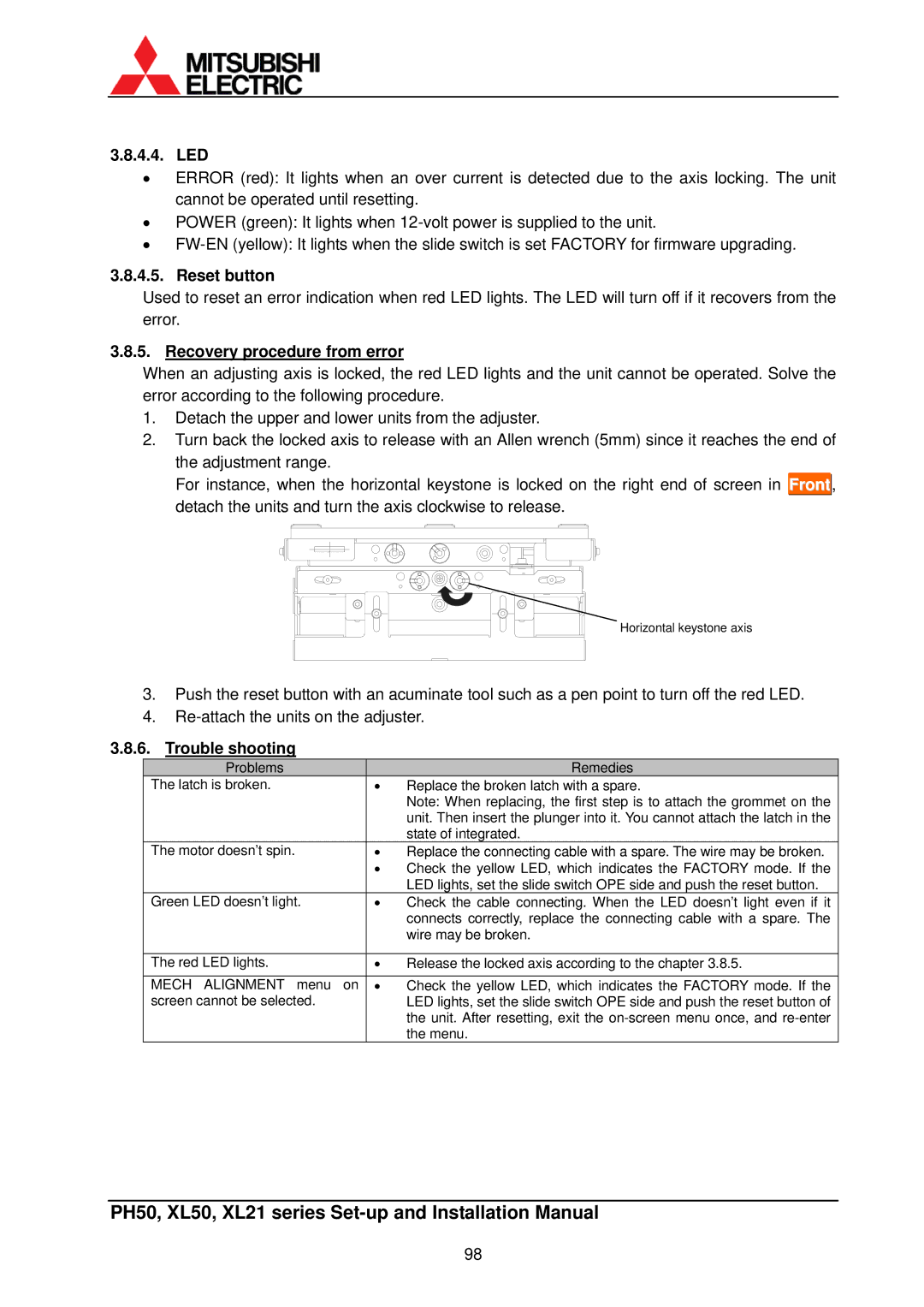 Mitsubishi Electronics XL50, XL21 installation manual Led, Reset button, Recovery procedure from error, Trouble shooting 