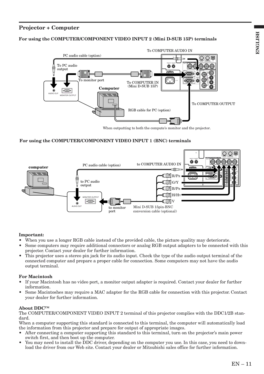 Mitsubishi Electronics XL5950U user manual Projector + Computer, For Macintosh, About DDC 