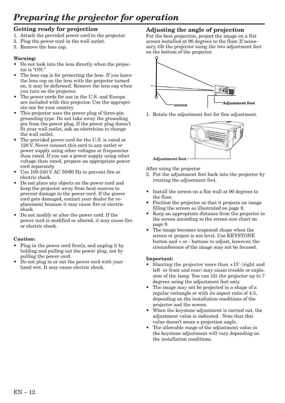 Mitsubishi Electronics XL5950U user manual Preparing the projector for operation, Getting ready for projection 