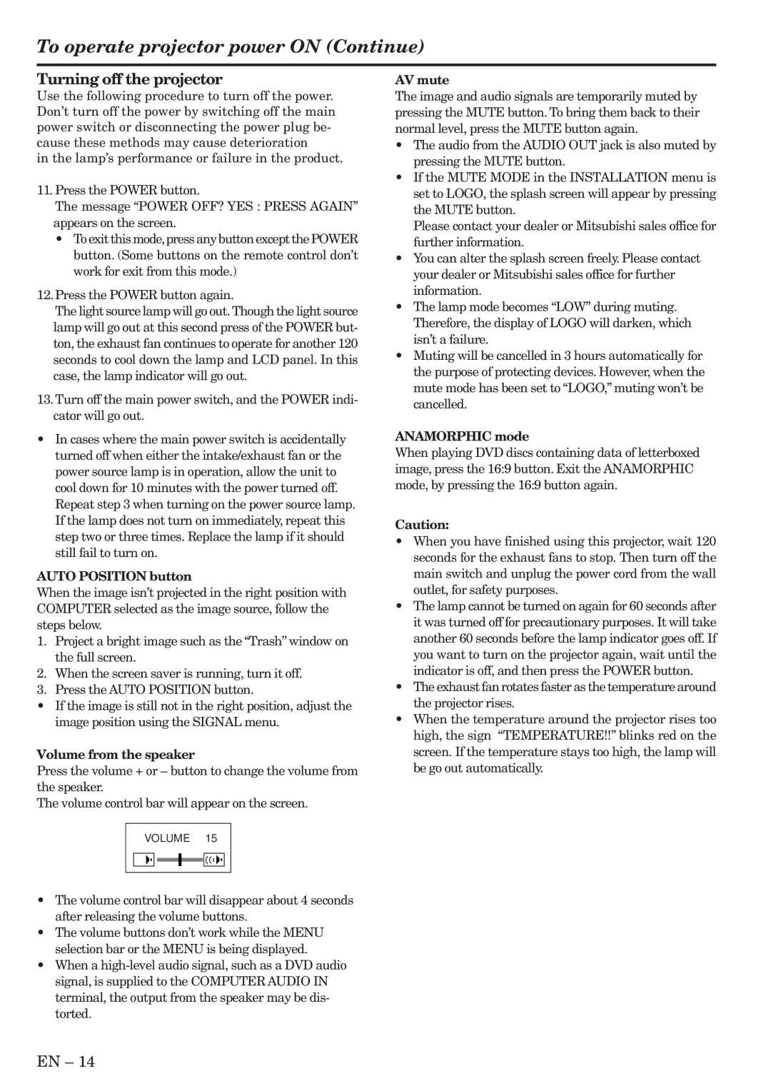 Mitsubishi Electronics XL5950U user manual Turning off the projector, Volume from the speaker, AV mute, Anamorphic mode 