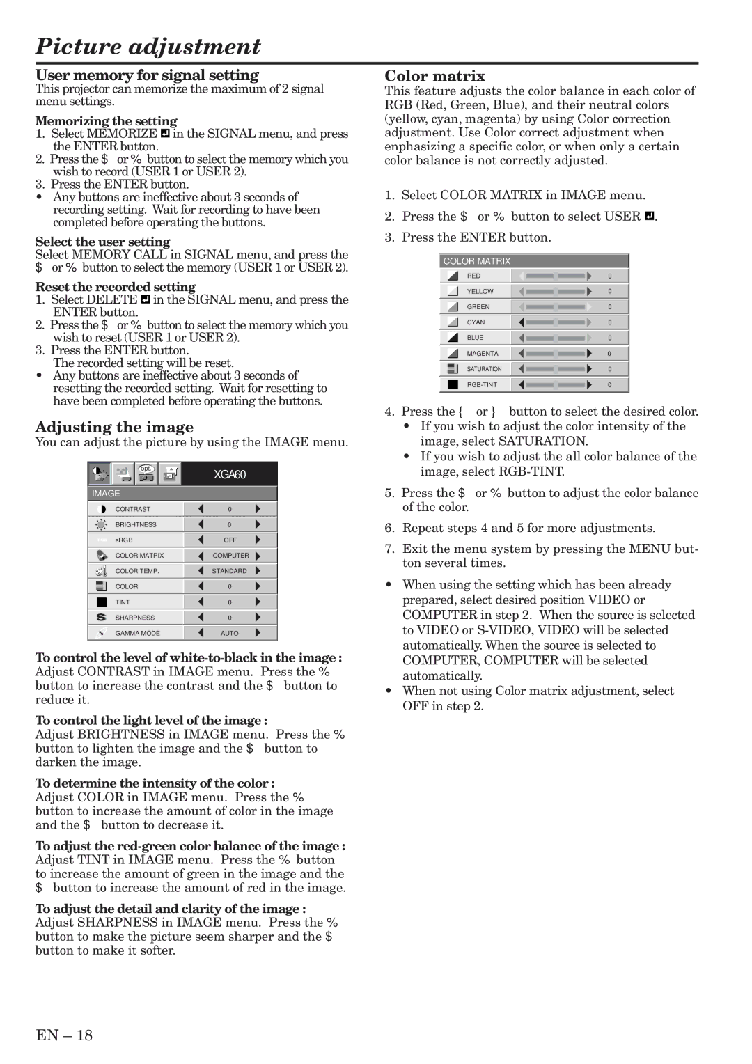 Mitsubishi Electronics XL5950U Picture adjustment, User memory for signal setting, Adjusting the image, Color matrix 