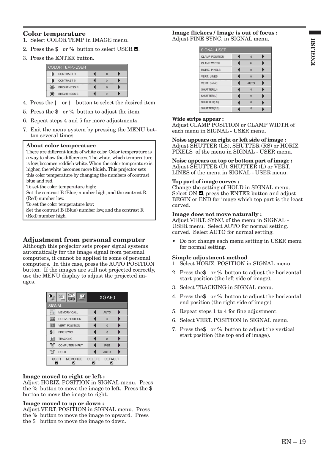 Mitsubishi Electronics XL5950U user manual Color temperature, Adjustment from personal computer 