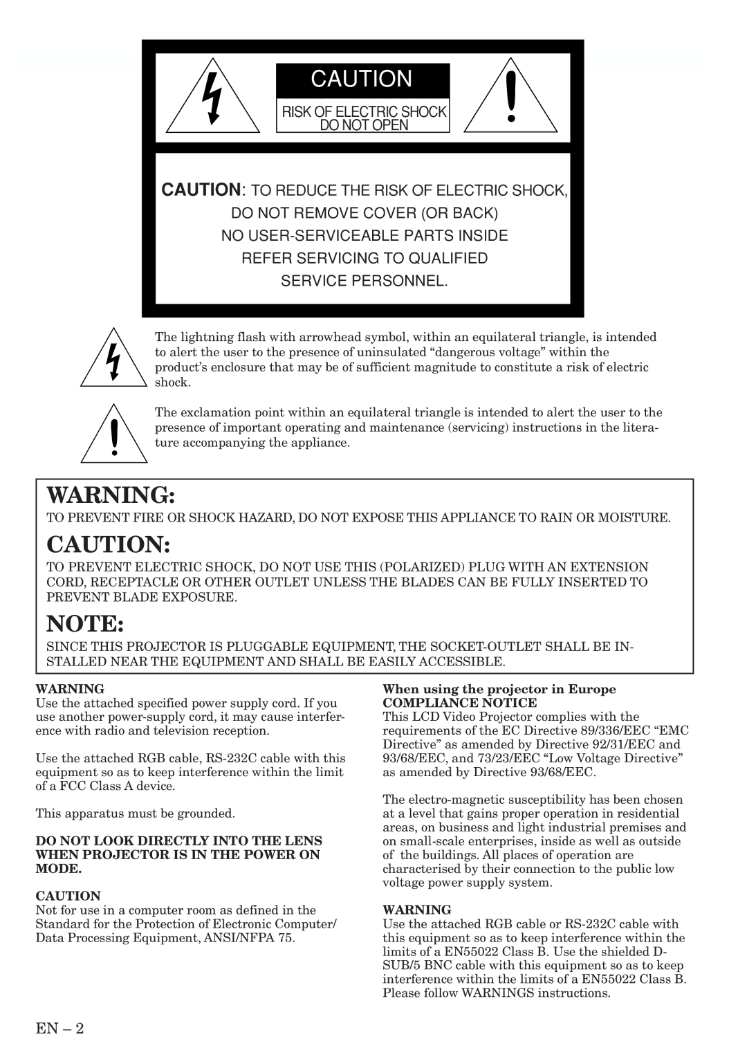 Mitsubishi Electronics XL5950U user manual When using the projector in Europe, Compliance Notice 