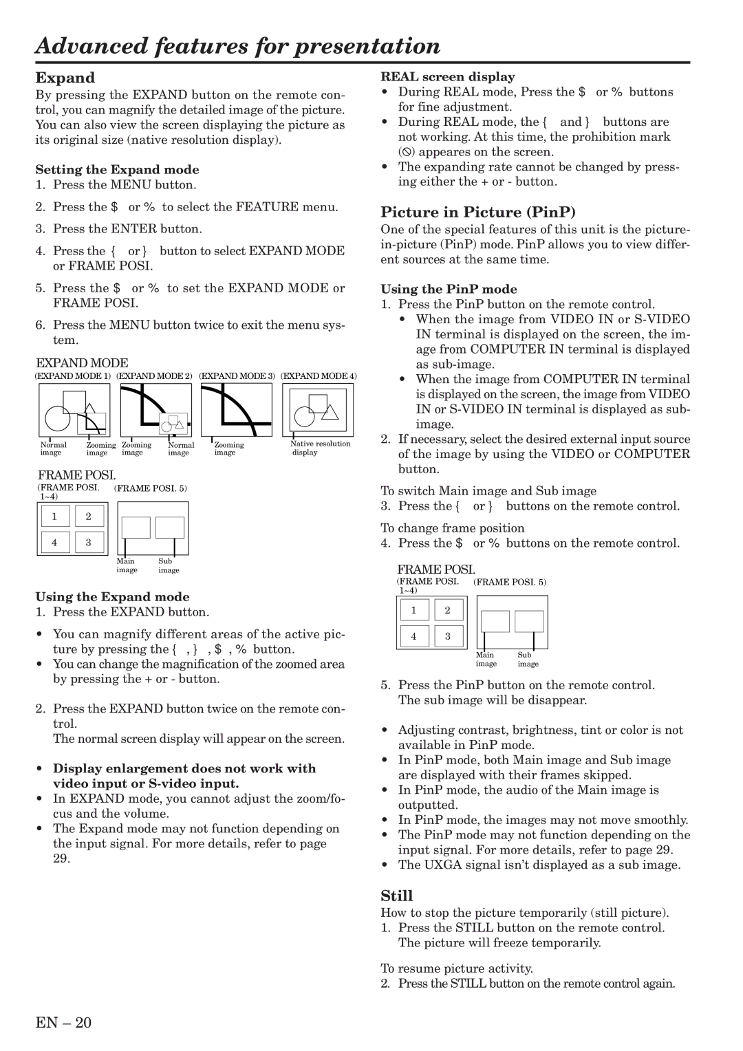 Mitsubishi Electronics XL5950U user manual Advanced features for presentation, Expand, Picture in Picture PinP, Still 