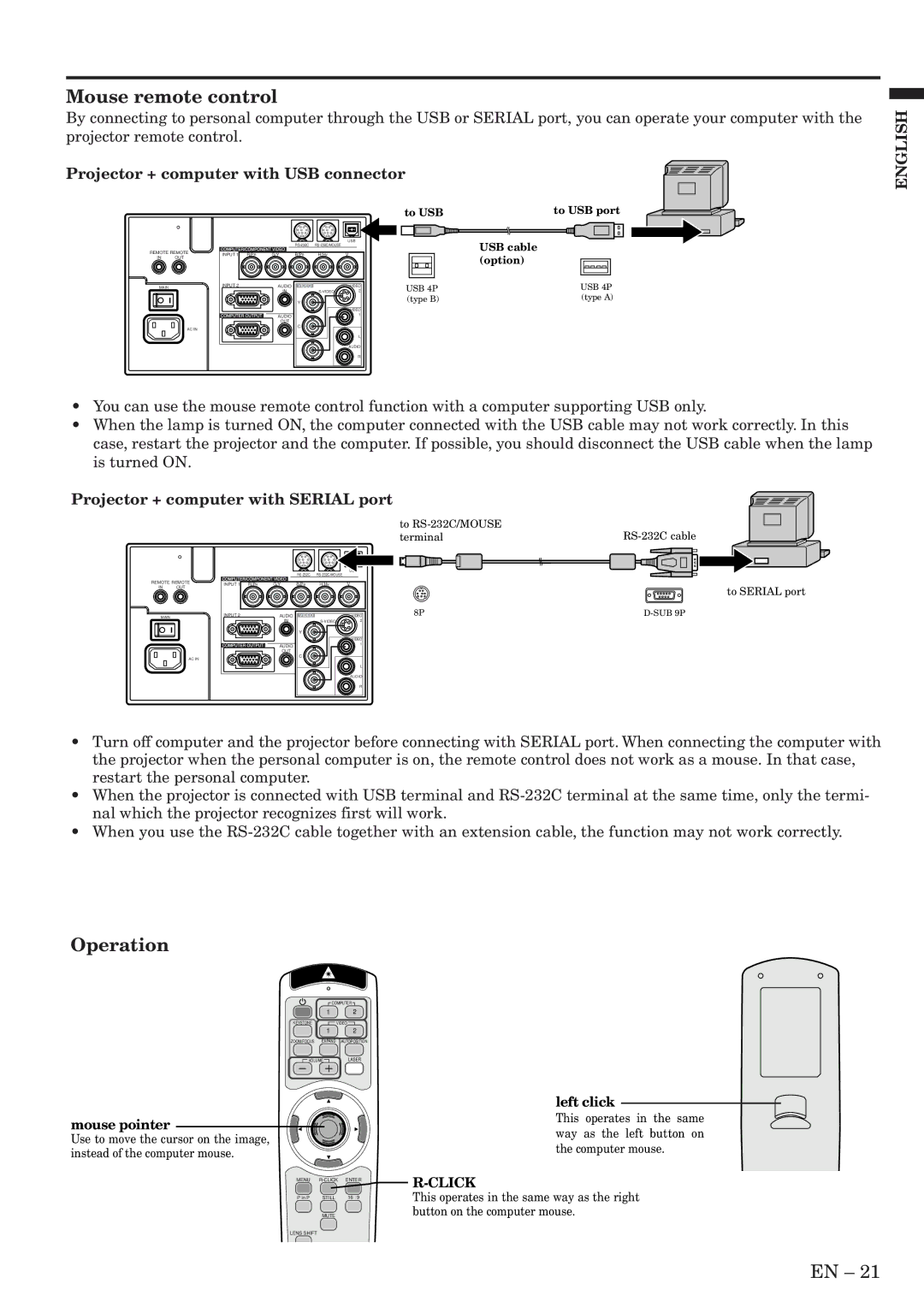 Mitsubishi Electronics XL5950U user manual Mouse remote control, Operation, Projector + computer with USB connector 