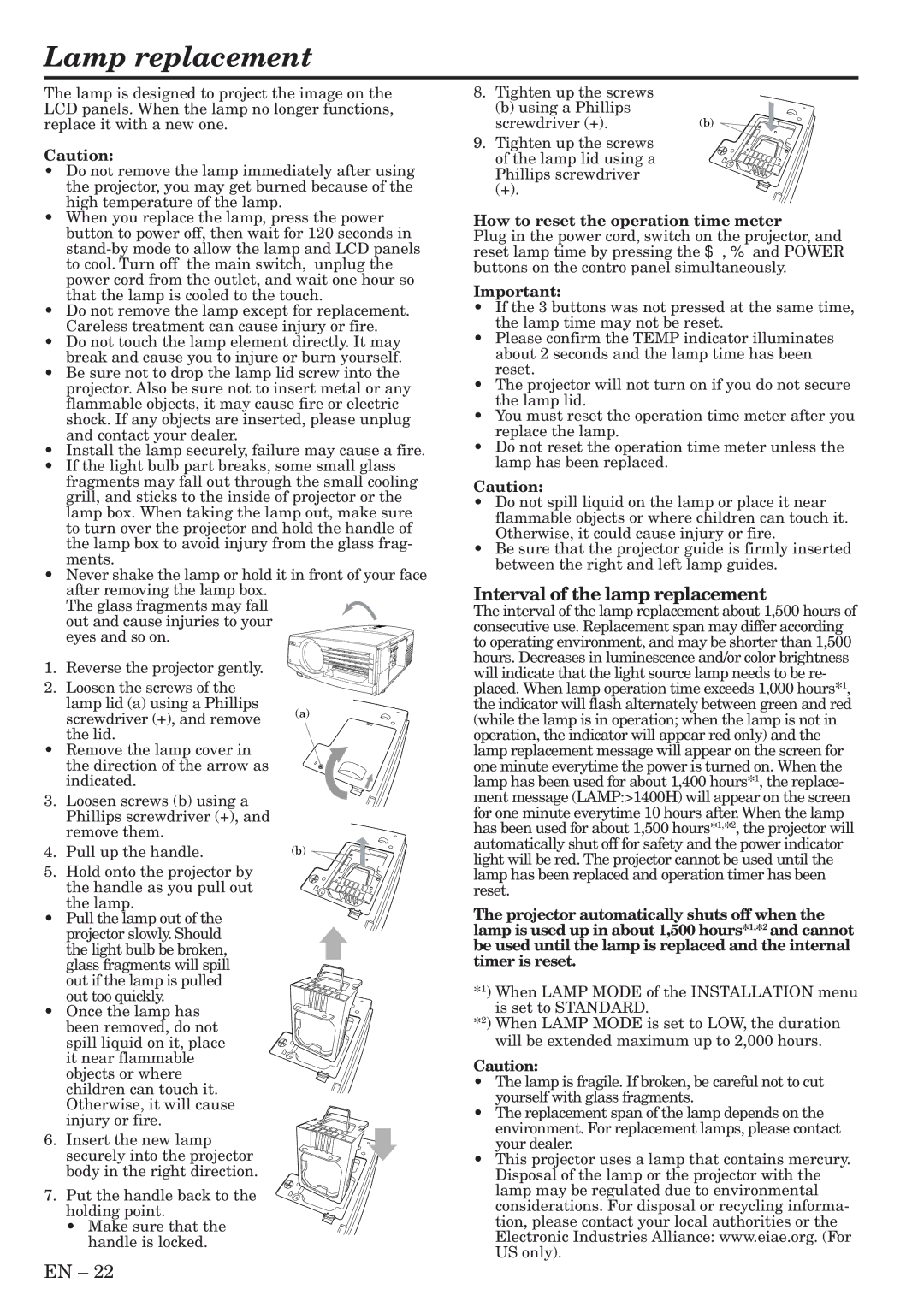 Mitsubishi Electronics XL5950U Lamp replacement, Interval of the lamp replacement, How to reset the operation time meter 