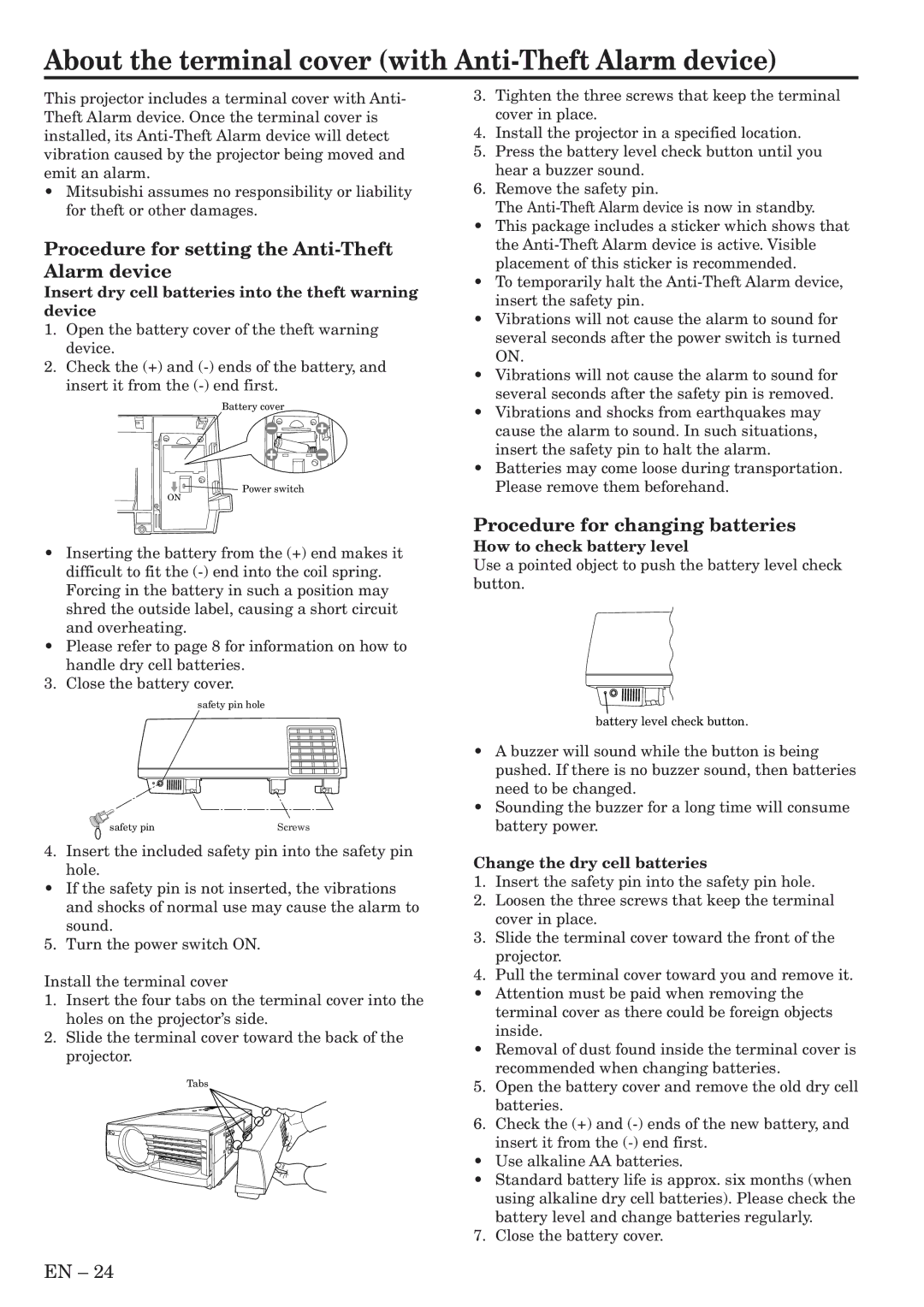 Mitsubishi Electronics XL5950U Procedure for setting the Anti-Theft Alarm device, Procedure for changing batteries 