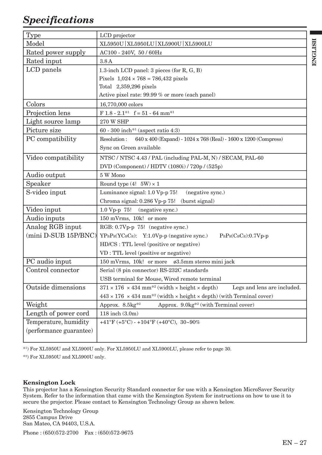 Mitsubishi Electronics XL5950U user manual Specifications 