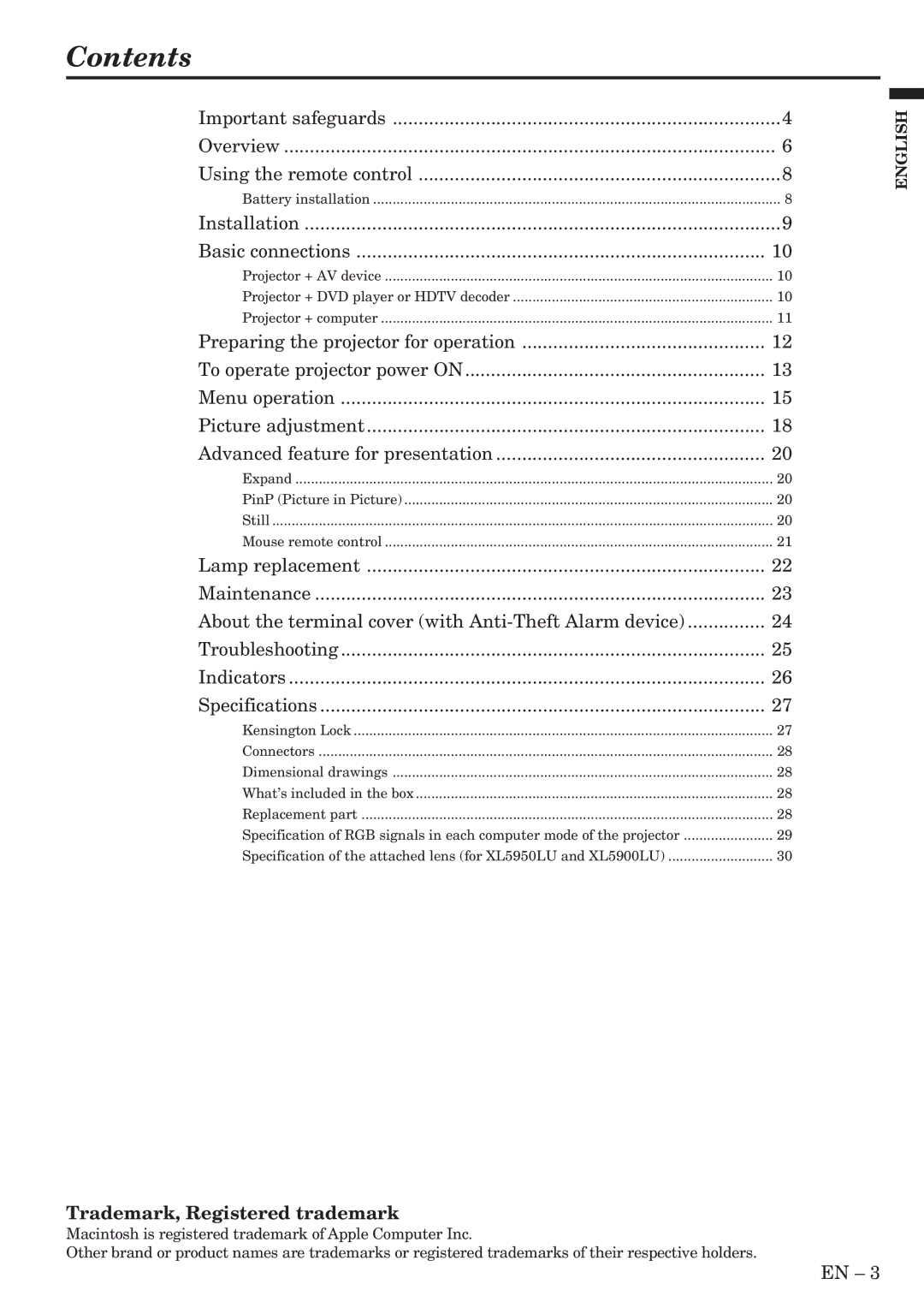 Mitsubishi Electronics XL5950U user manual Contents 