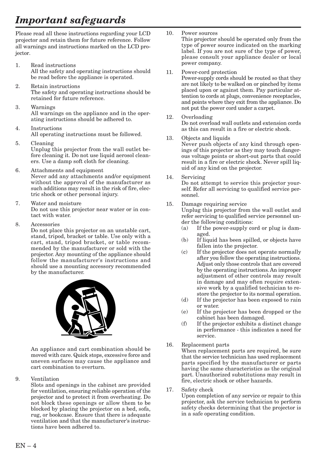 Mitsubishi Electronics XL5950U user manual Important safeguards 