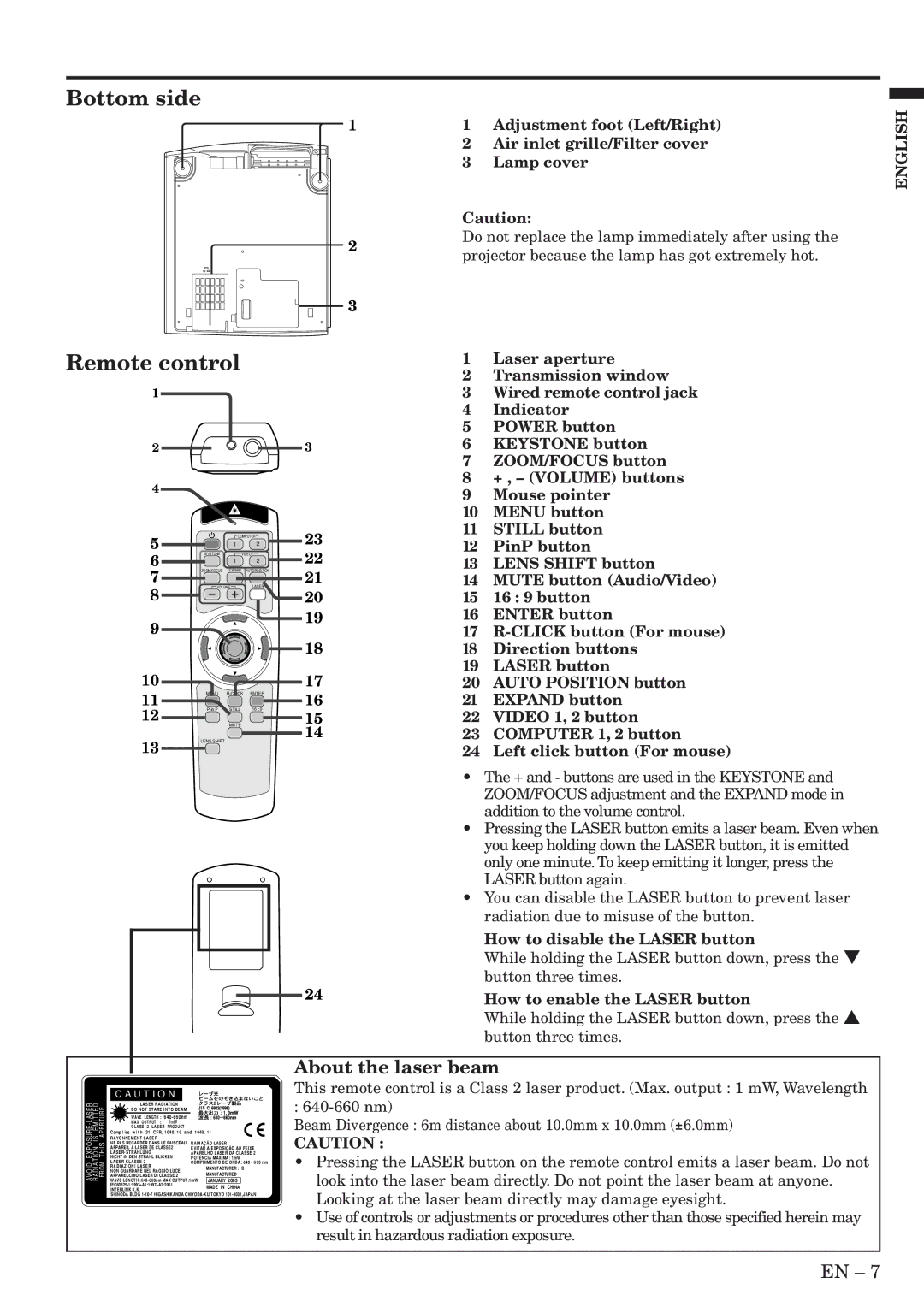 Mitsubishi Electronics XL5950U About the laser beam, How to disable the Laser button, How to enable the Laser button 