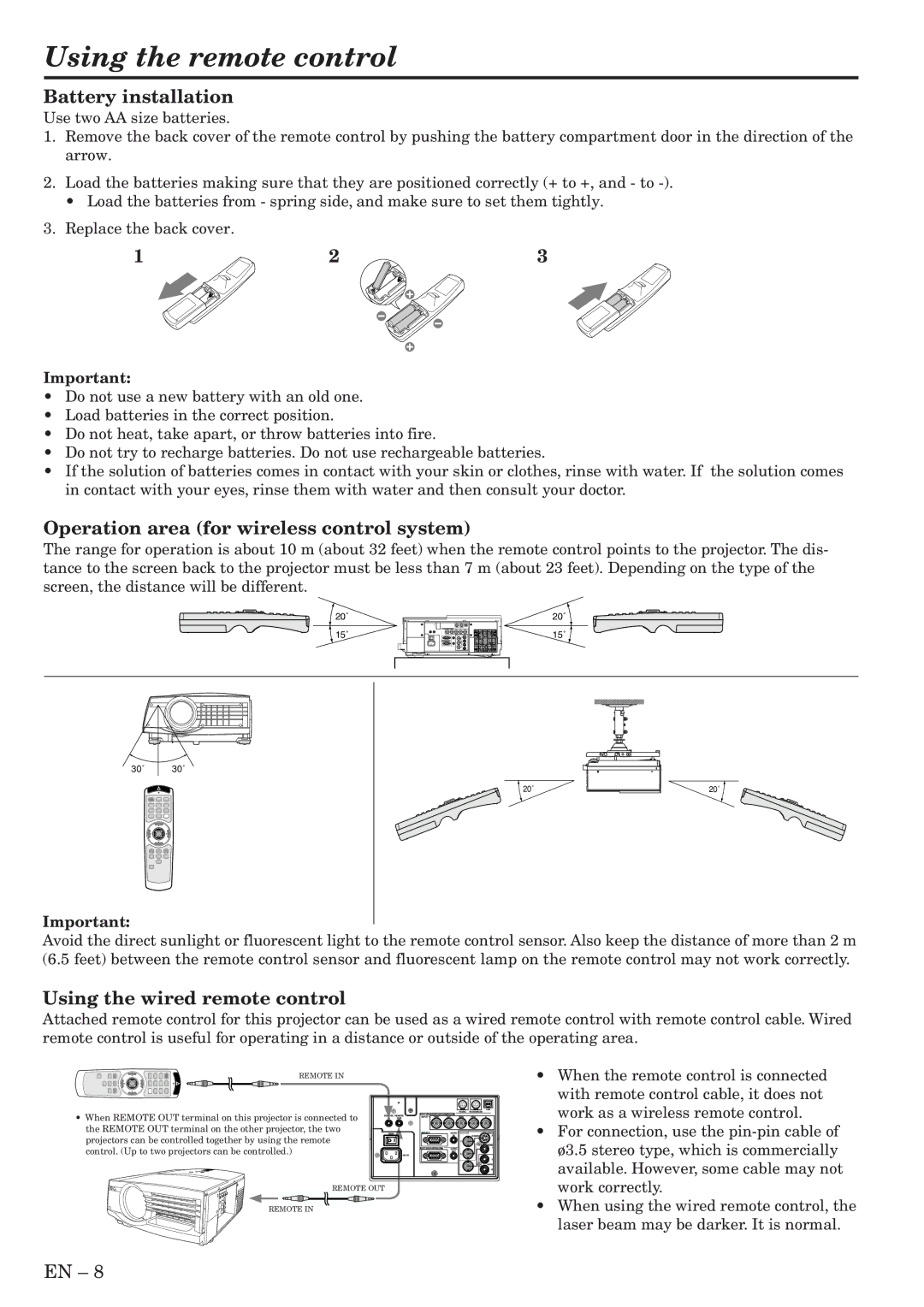 Mitsubishi Electronics XL5950U Using the remote control, Battery installation, Operation area for wireless control system 