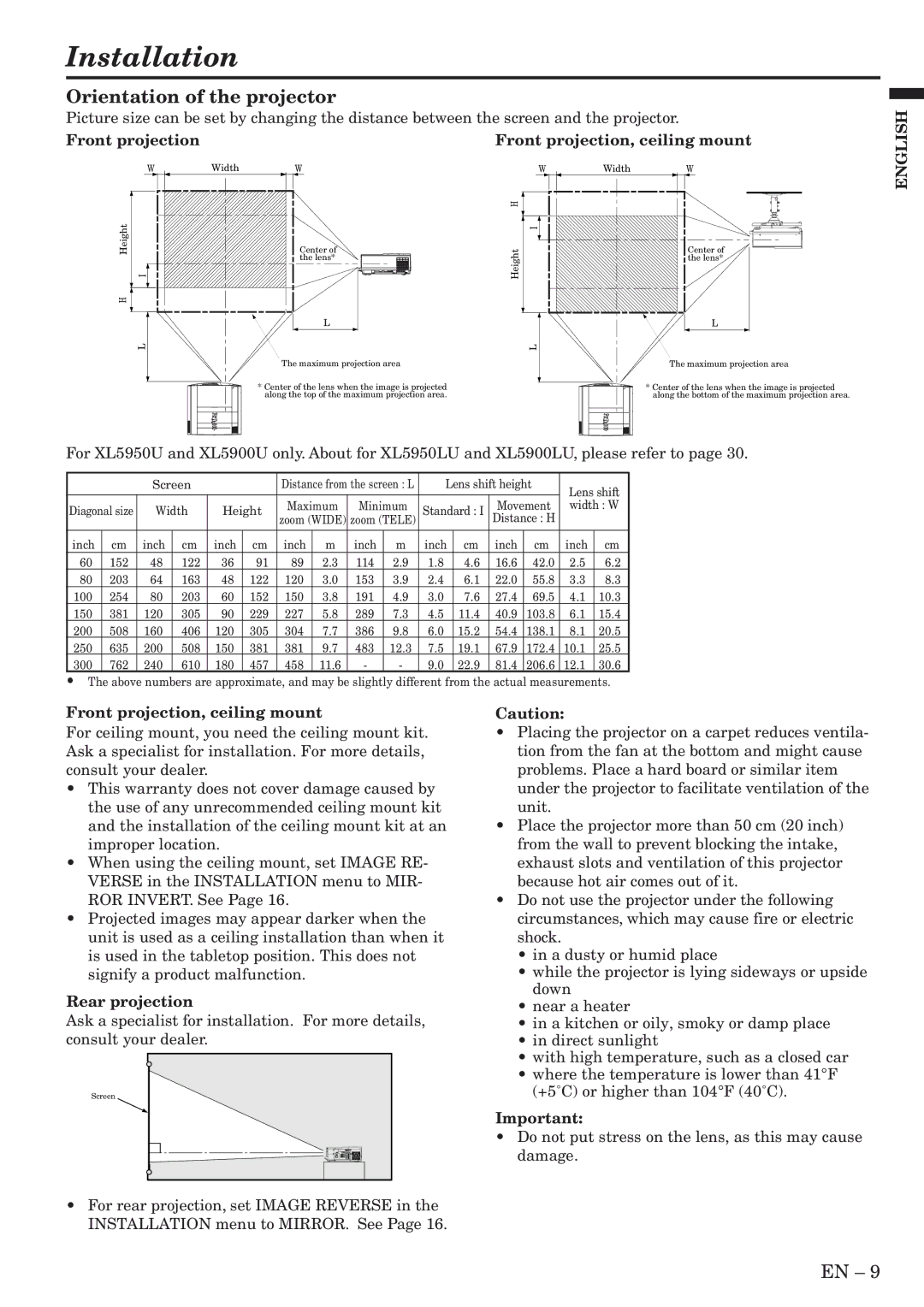 Mitsubishi Electronics XL5950U user manual Installation, Orientation of the projector, Rear projection 