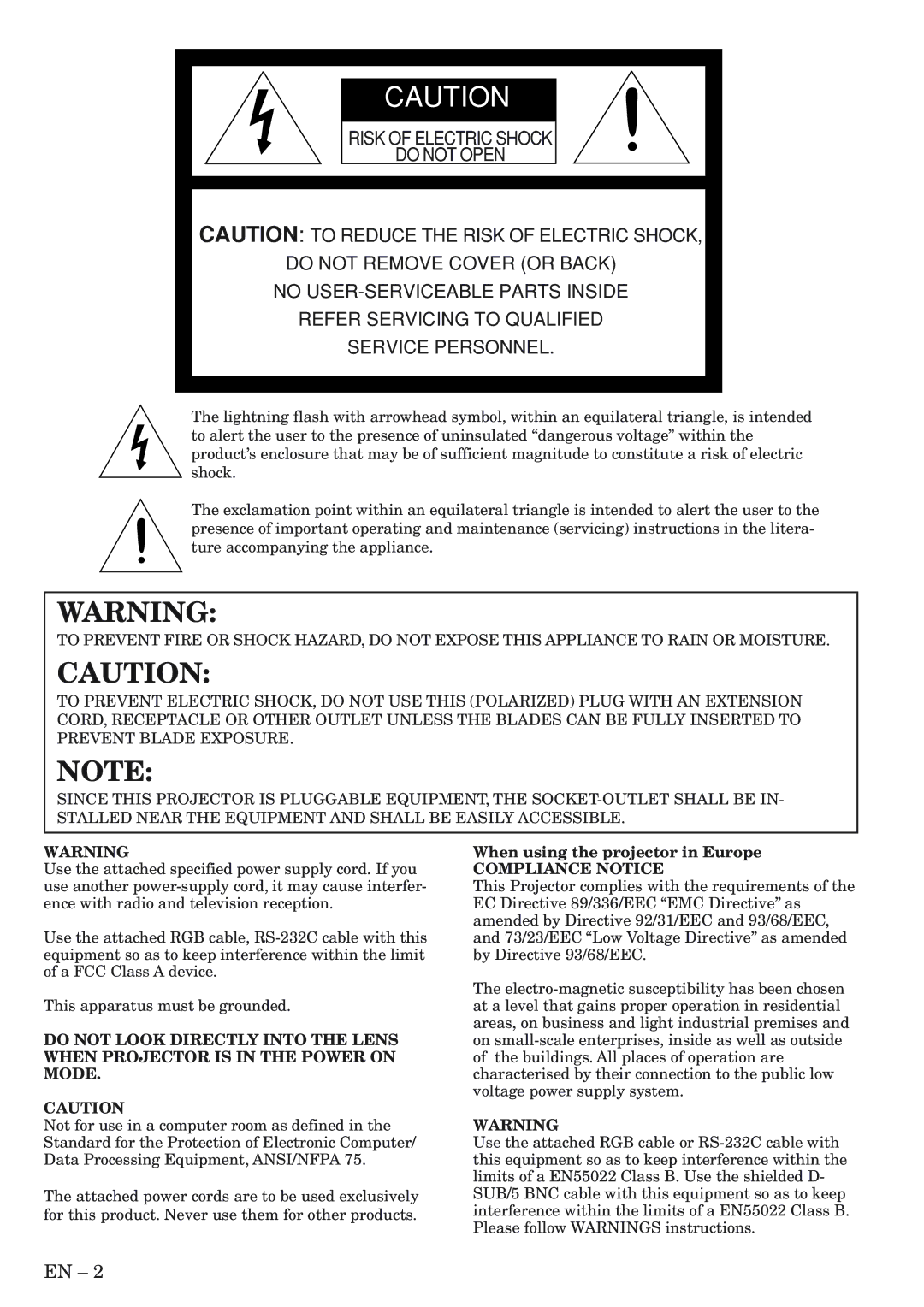 Mitsubishi Electronics XL5980LU user manual When using the projector in Europe, Compliance Notice 