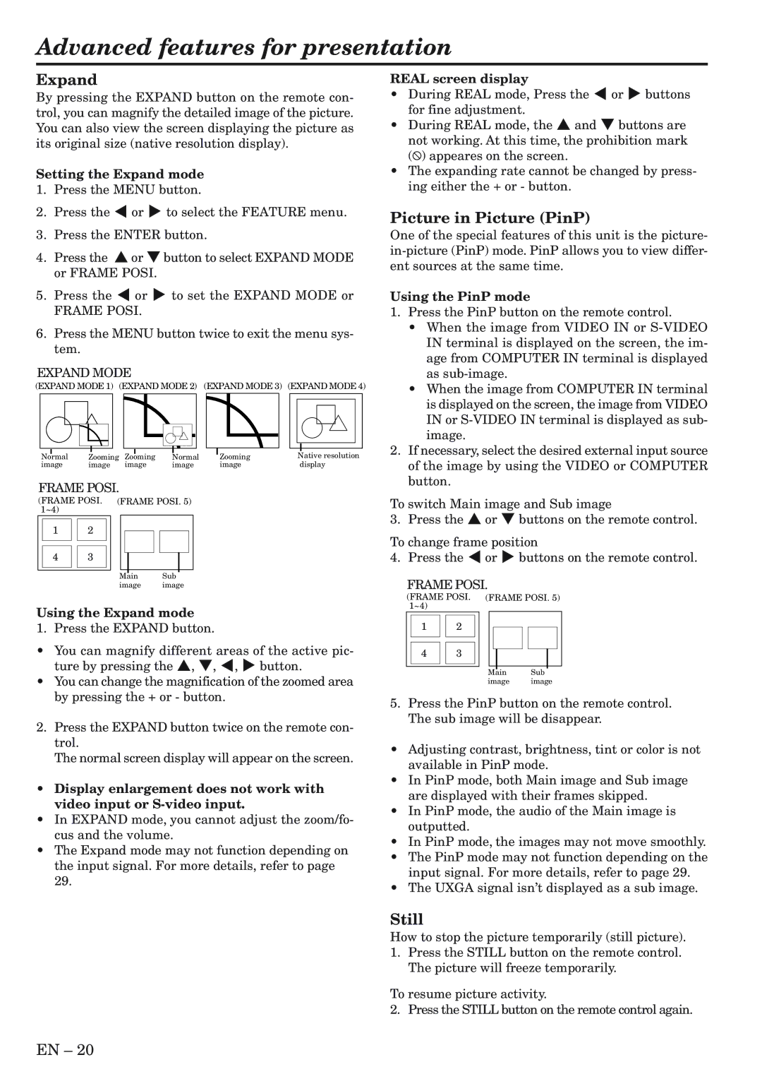 Mitsubishi Electronics XL5980LU user manual Advanced features for presentation, Expand, Picture in Picture PinP, Still 