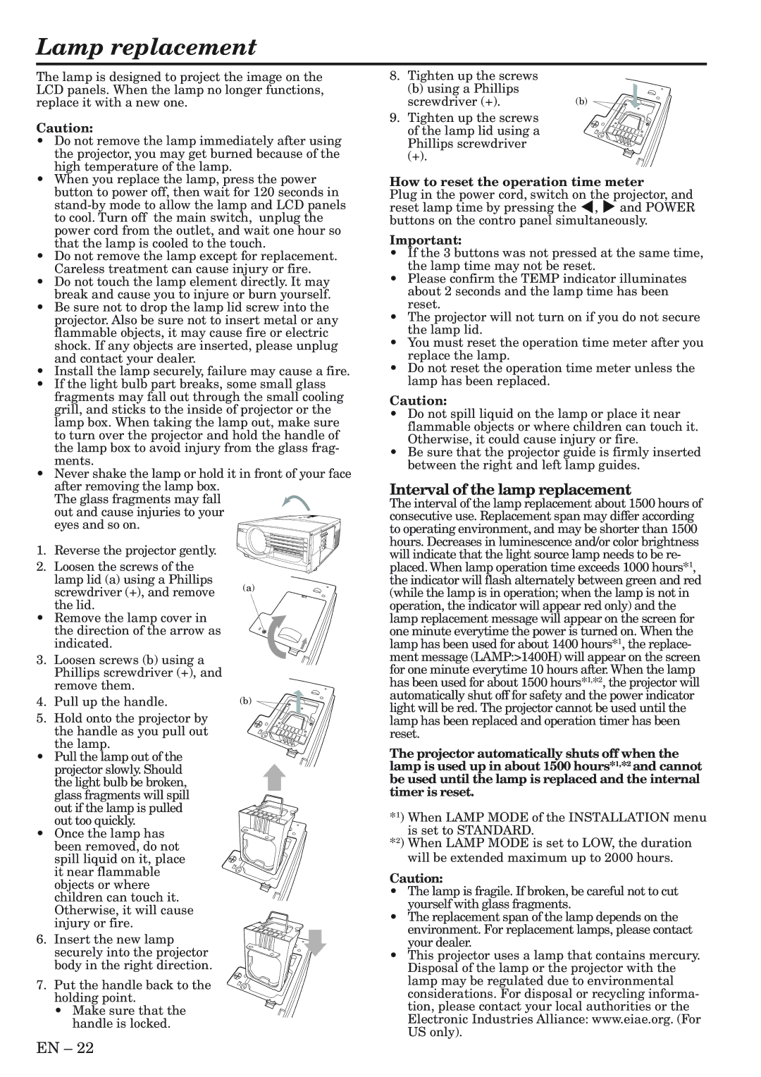 Mitsubishi Electronics XL5980LU Lamp replacement, Interval of the lamp replacement, How to reset the operation time meter 