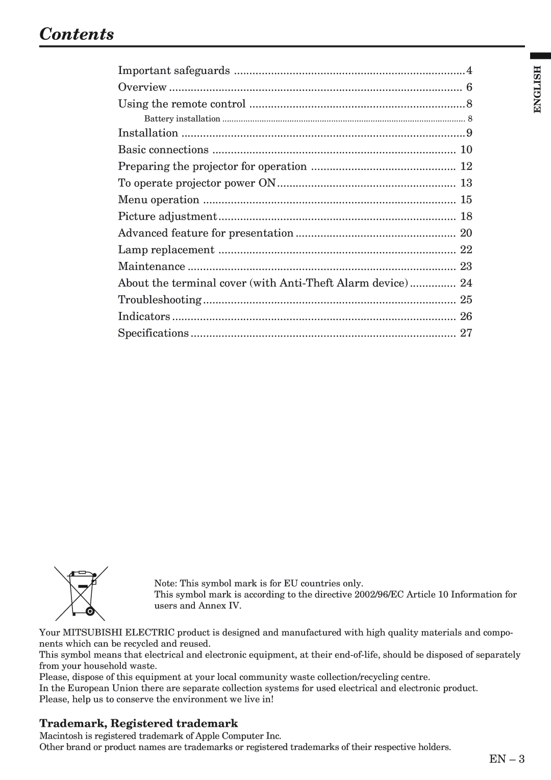 Mitsubishi Electronics XL5980LU user manual Contents 