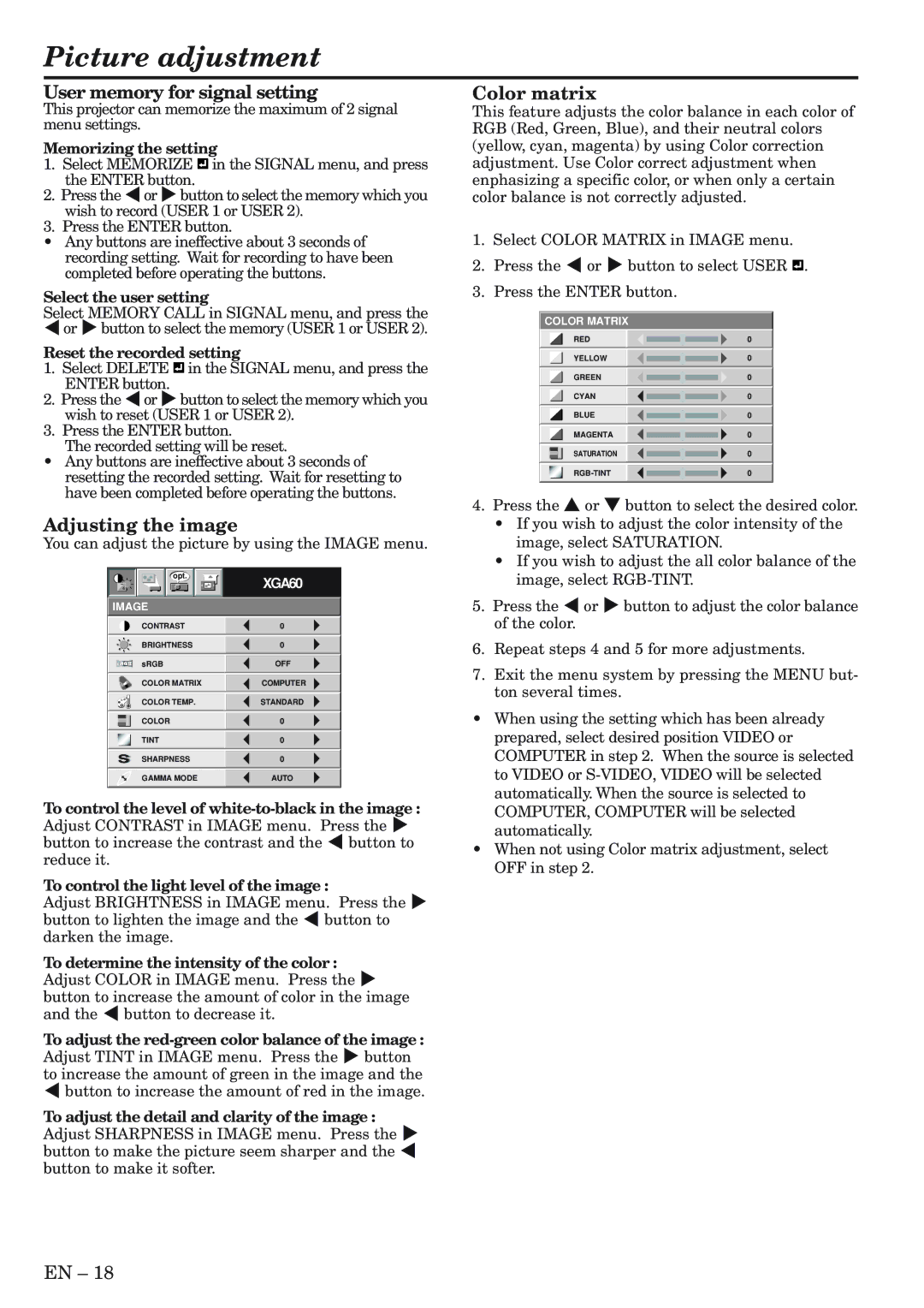 Mitsubishi Electronics XL5980U Picture adjustment, User memory for signal setting, Adjusting the image, Color matrix 