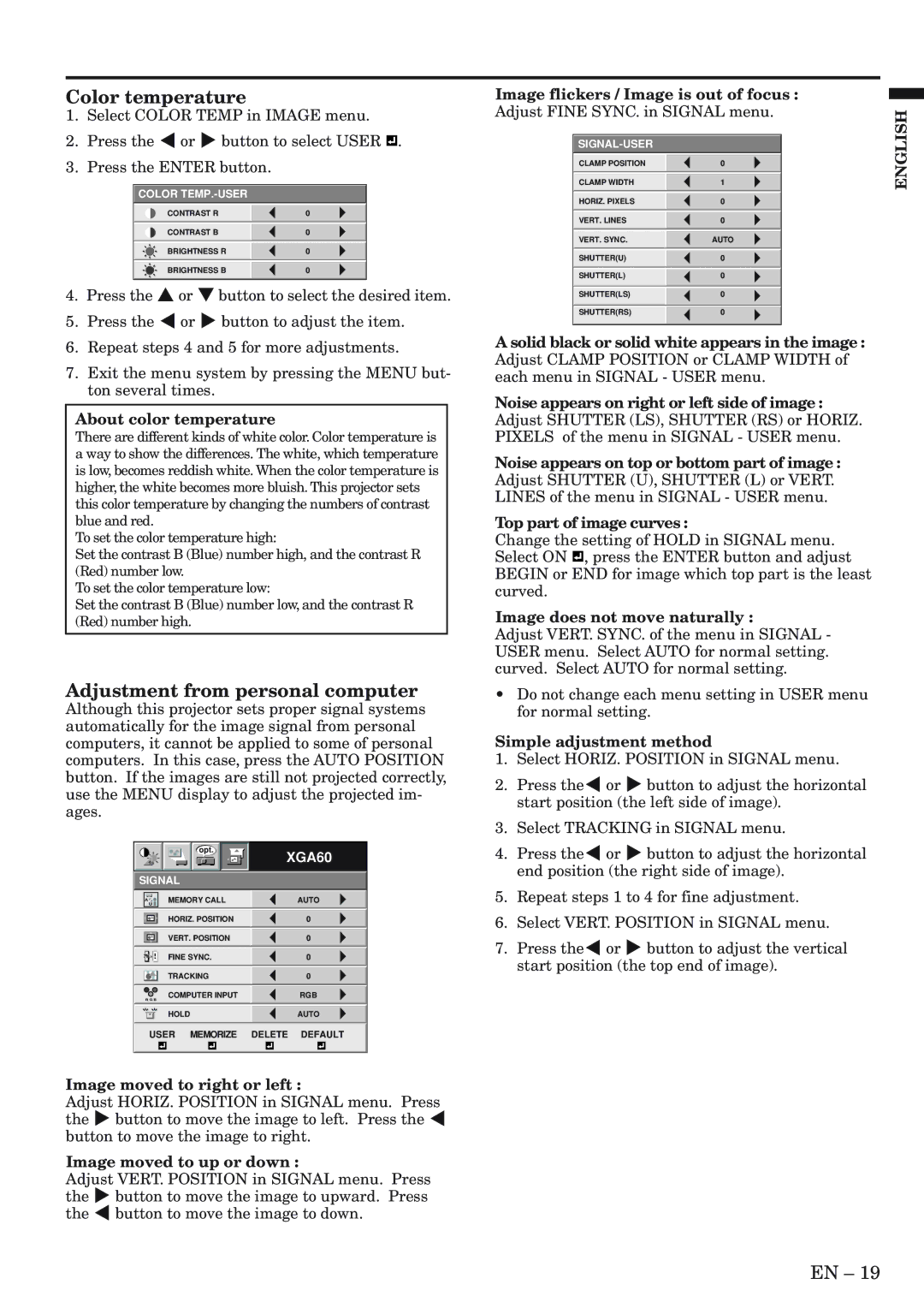 Mitsubishi Electronics XL5980LU, XL5980U user manual Color temperature, Adjustment from personal computer 