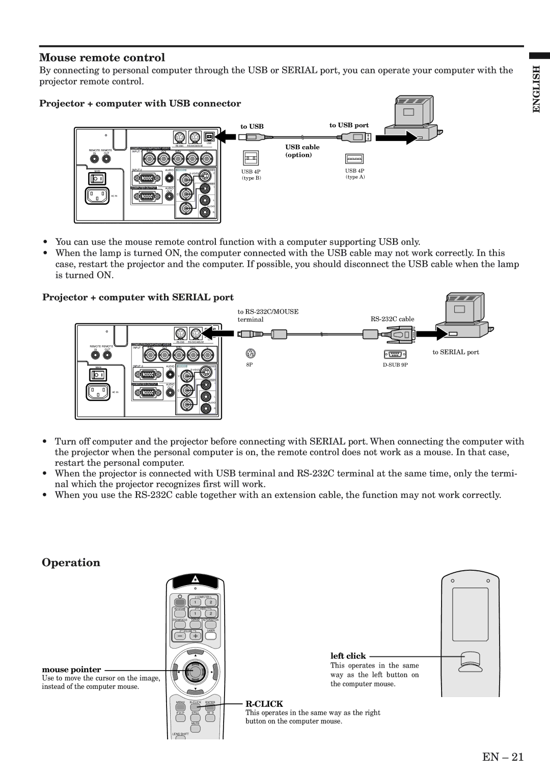 Mitsubishi Electronics XL5980LU, XL5980U Mouse remote control, Operation, Projector + computer with USB connector 