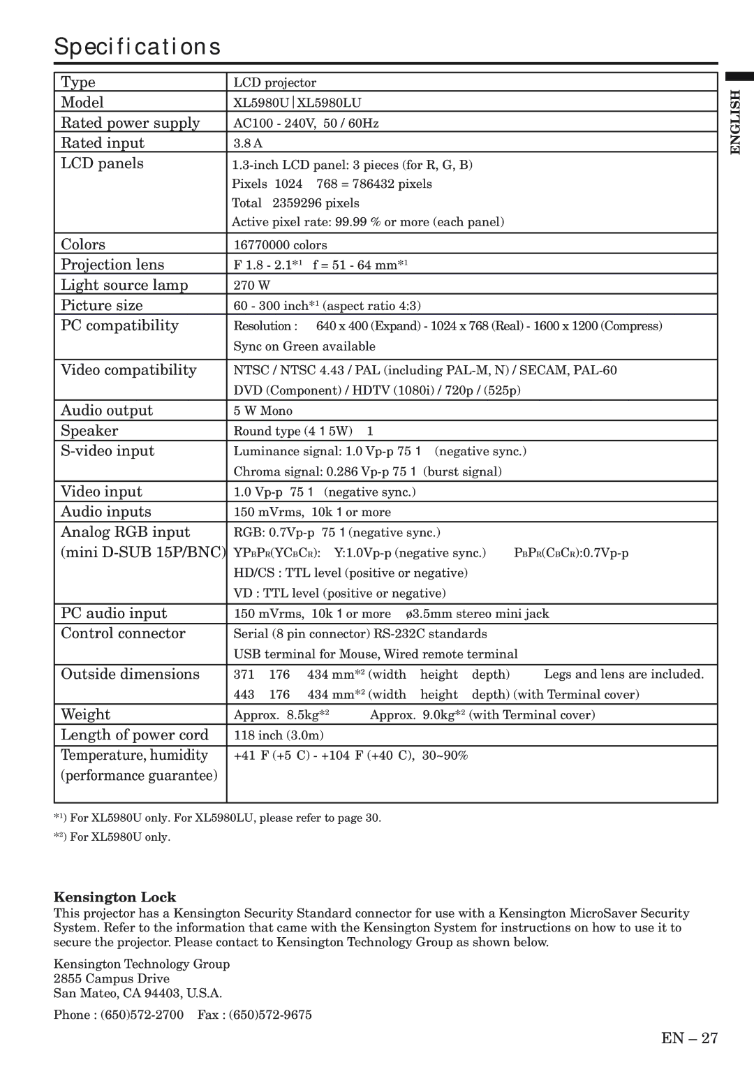 Mitsubishi Electronics XL5980LU, XL5980U user manual Specifications 