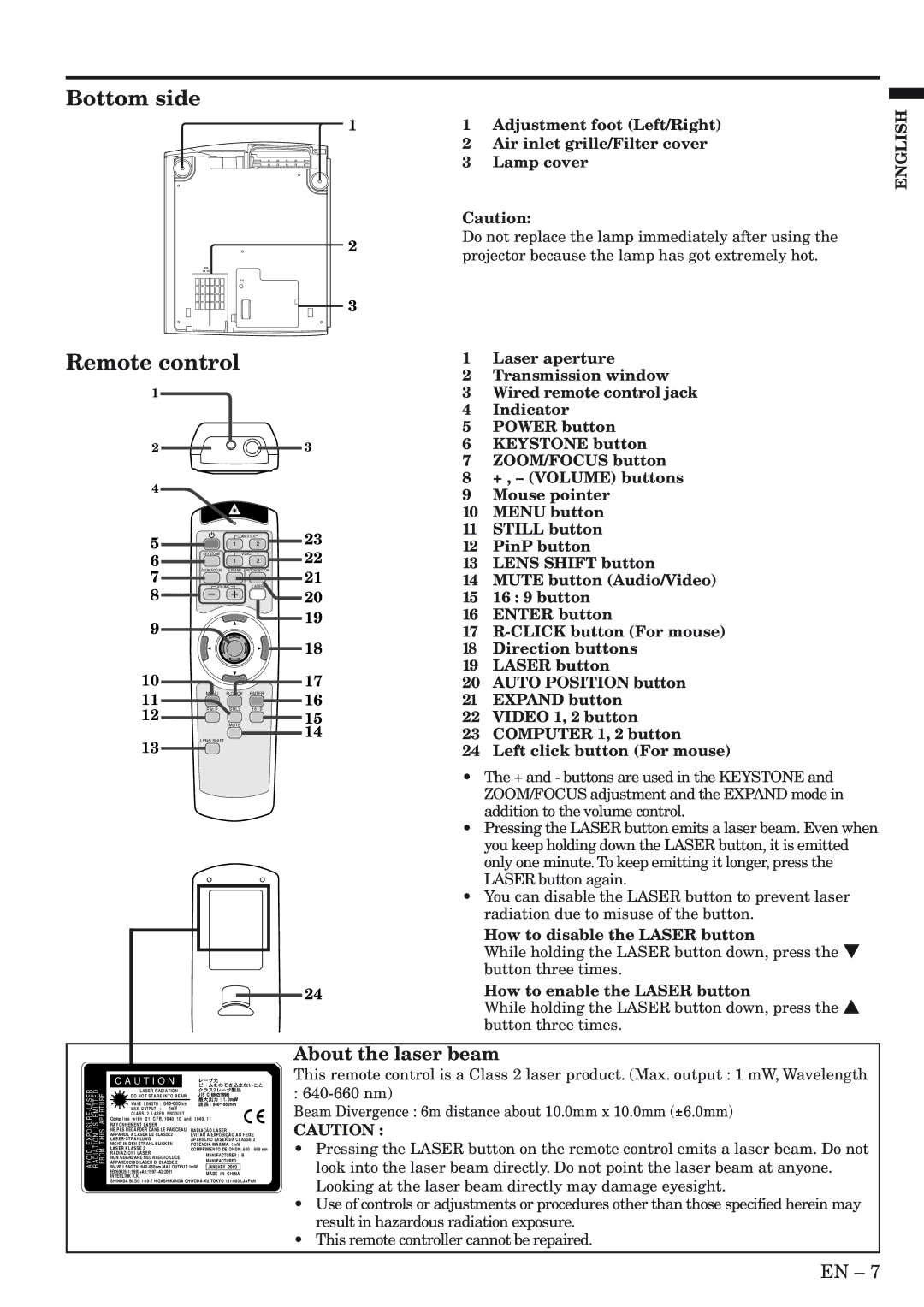 Mitsubishi Electronics XL5980LU, XL5980U user manual About the laser beam 