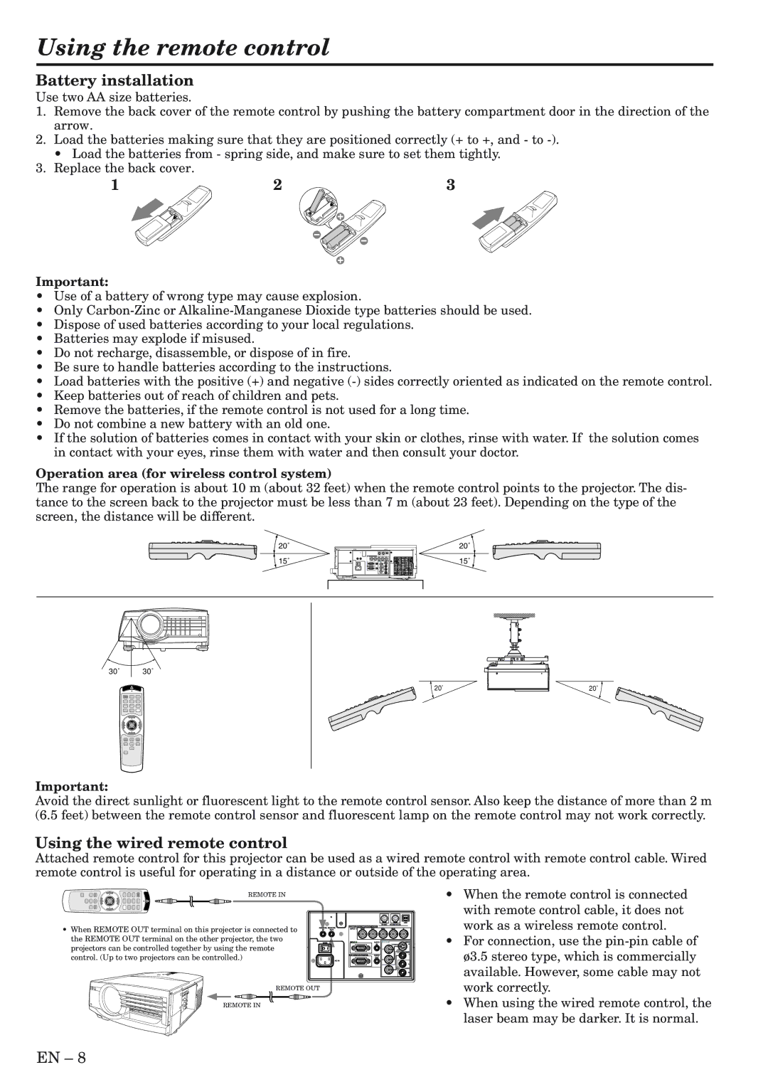 Mitsubishi Electronics XL5980U, XL5980LU Using the remote control, Battery installation, Using the wired remote control 