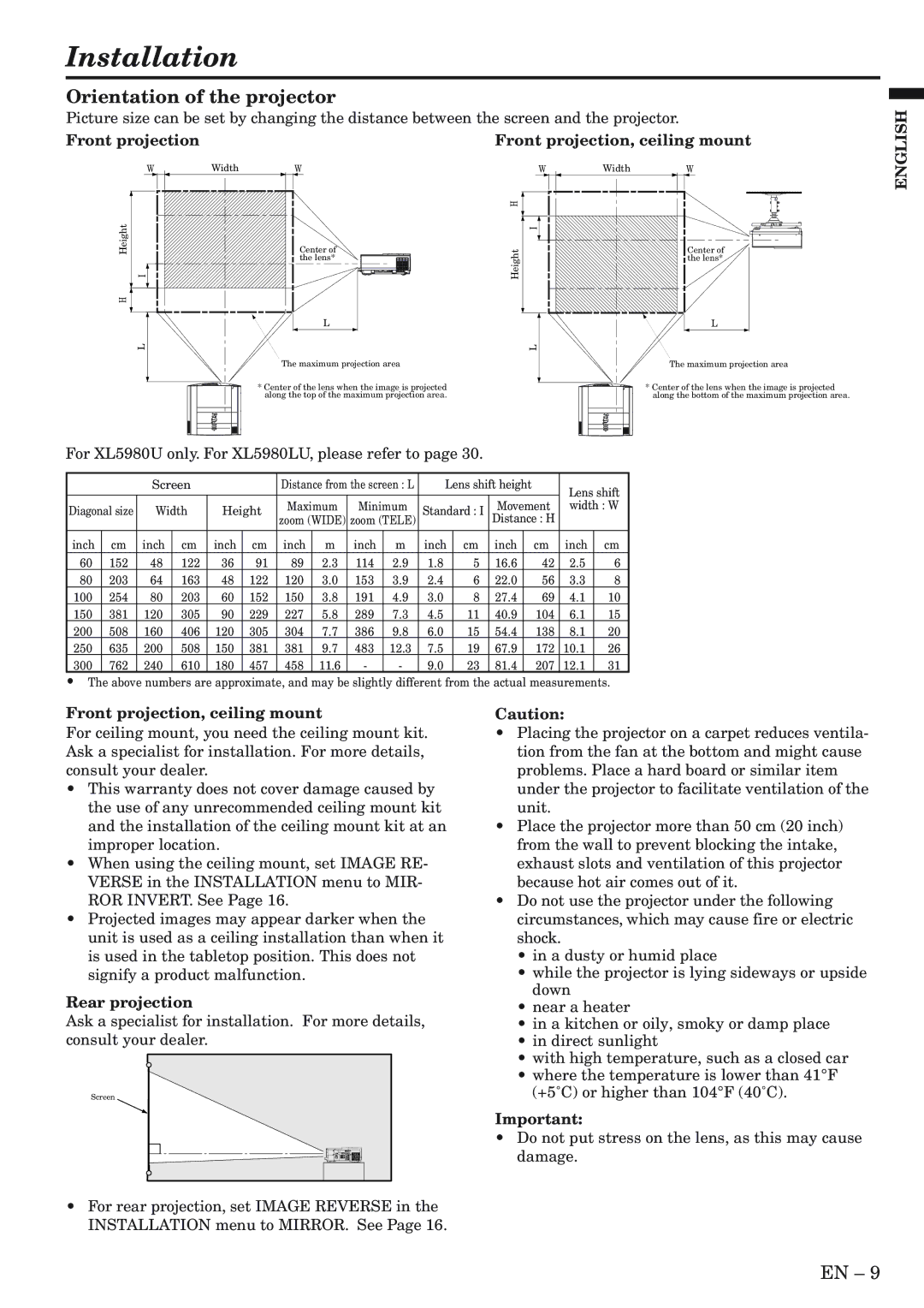 Mitsubishi Electronics XL5980LU, XL5980U user manual Installation, Orientation of the projector, Rear projection 