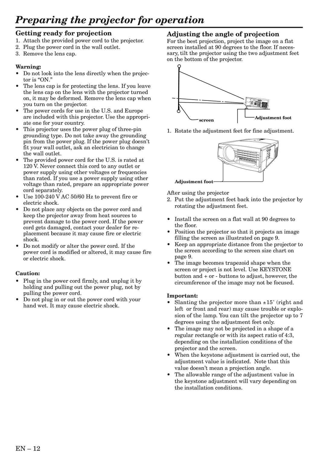 Mitsubishi Electronics XL5980U, XL5980LU user manual Preparing the projector for operation, Getting ready for projection 