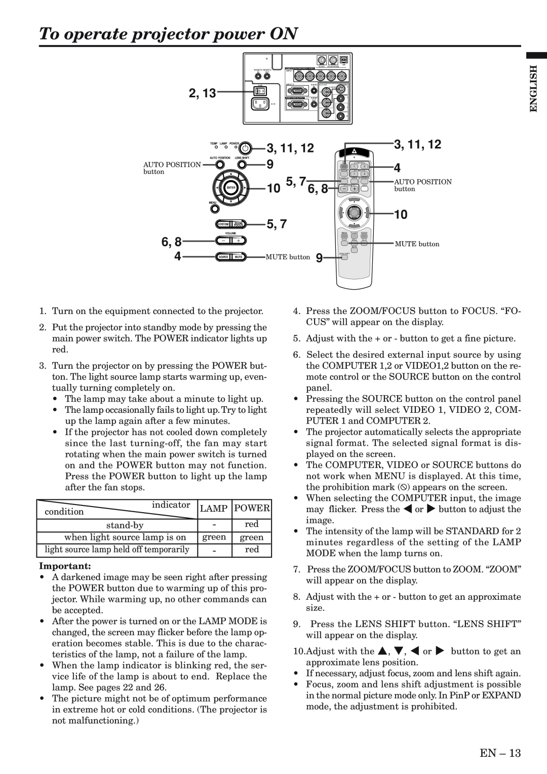 Mitsubishi Electronics XL5980LU, XL5980U user manual To operate projector power ON, 6, 8, 3, 11, 12 10 5, 7 6, English 