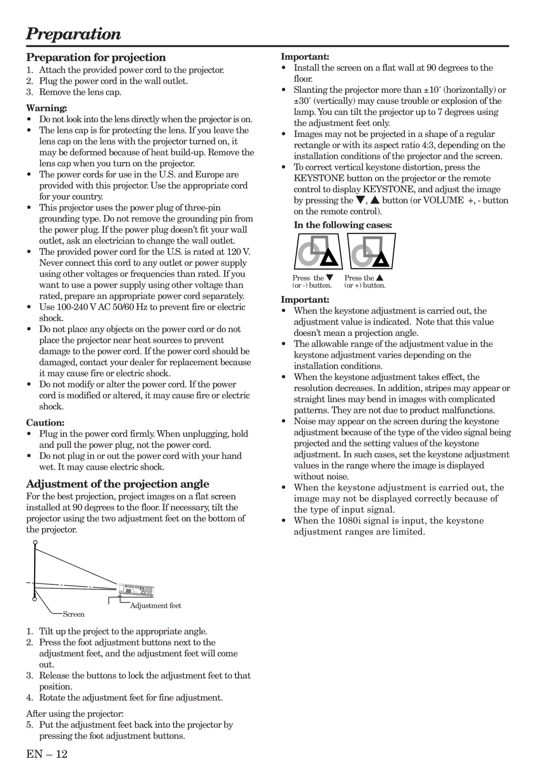 Mitsubishi Electronics XL5U user manual Preparation for projection, Adjustment of the projection angle, Following cases 