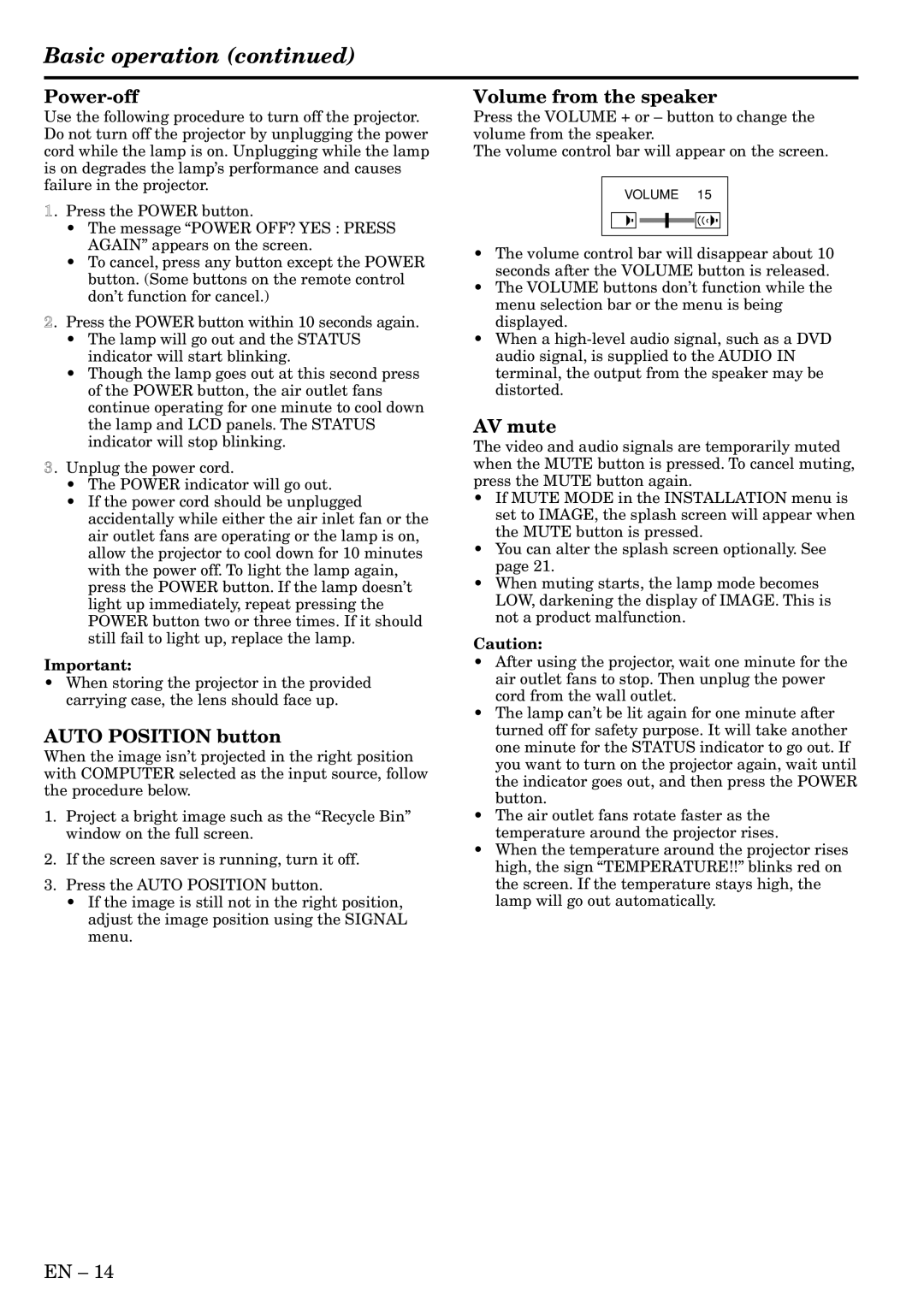 Mitsubishi Electronics XL5U user manual Basic operation, Power-off, Auto Position button, Volume from the speaker, AV mute 