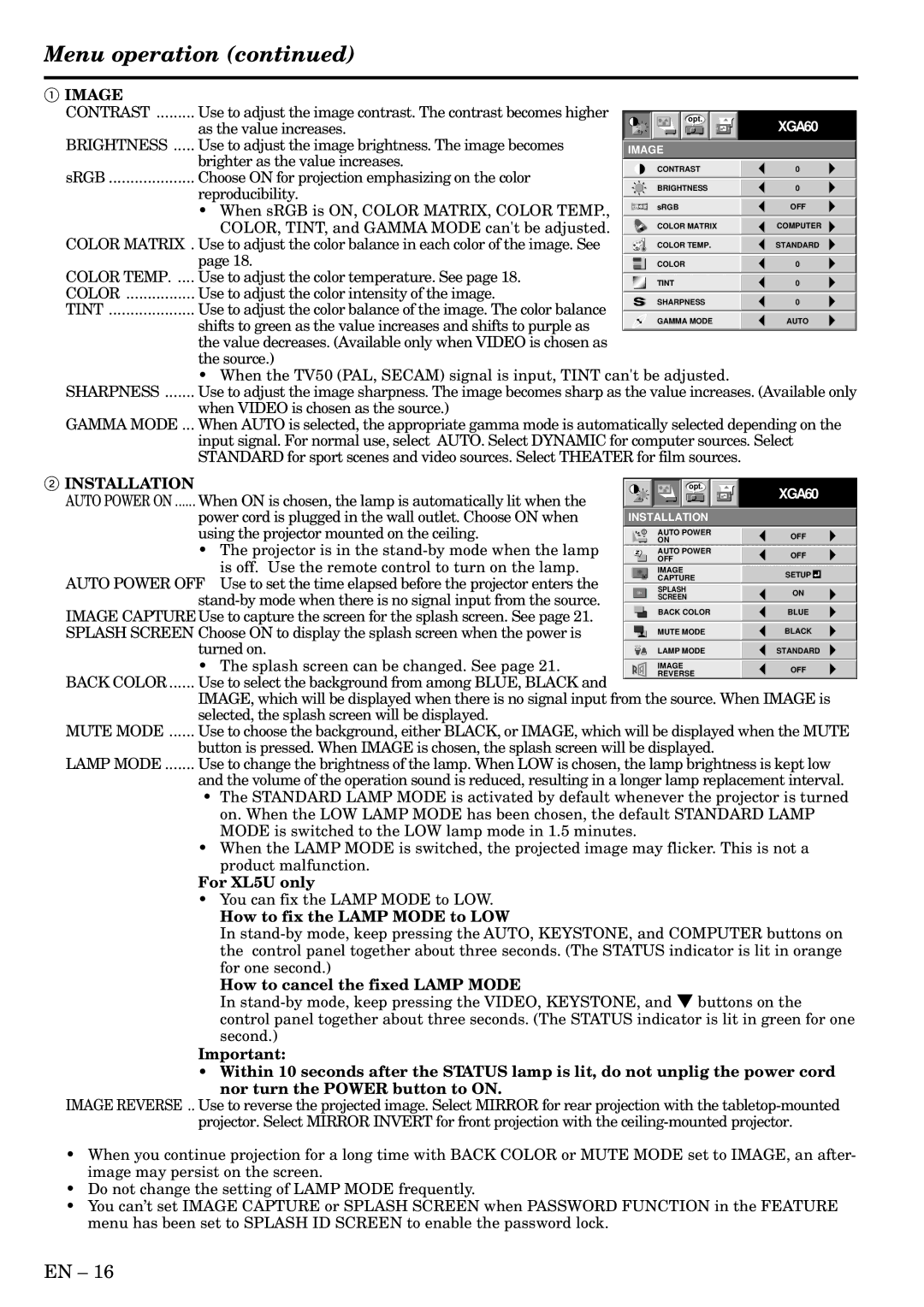 Mitsubishi Electronics XL5U user manual Menu operation 