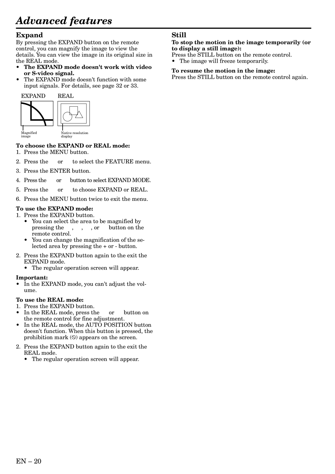 Mitsubishi Electronics XL5U user manual Advanced features, Expand, Still 