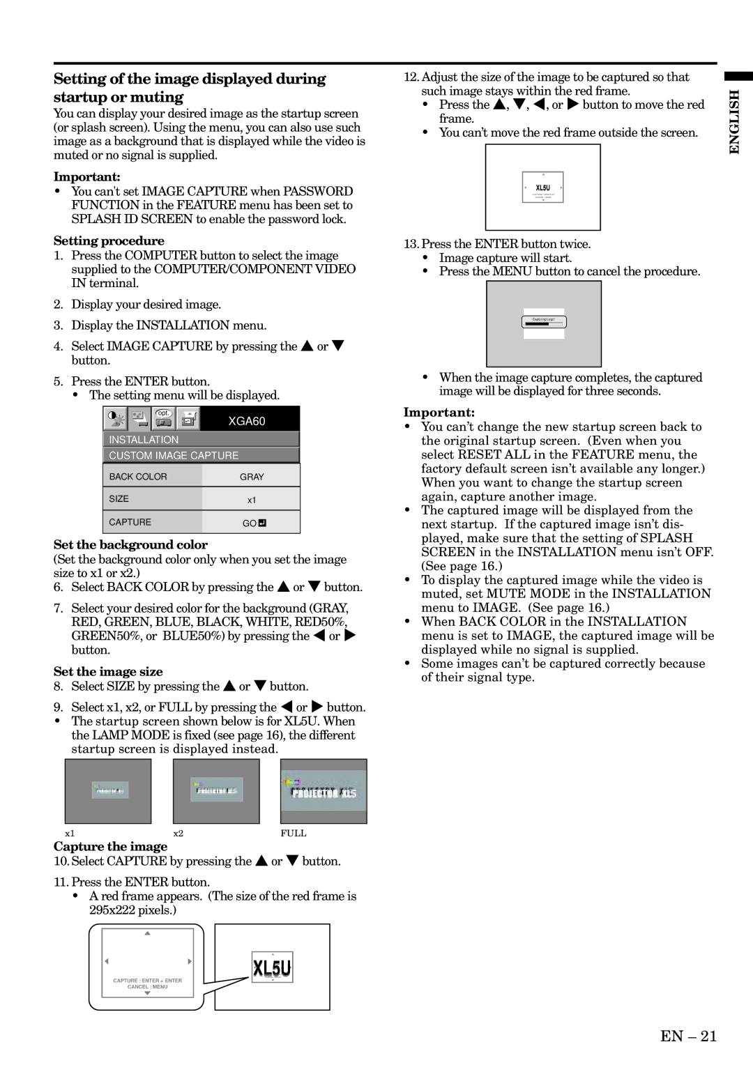 Mitsubishi Electronics XL5U Setting of the image displayed during startup or muting, Setting procedure, Set the image size 