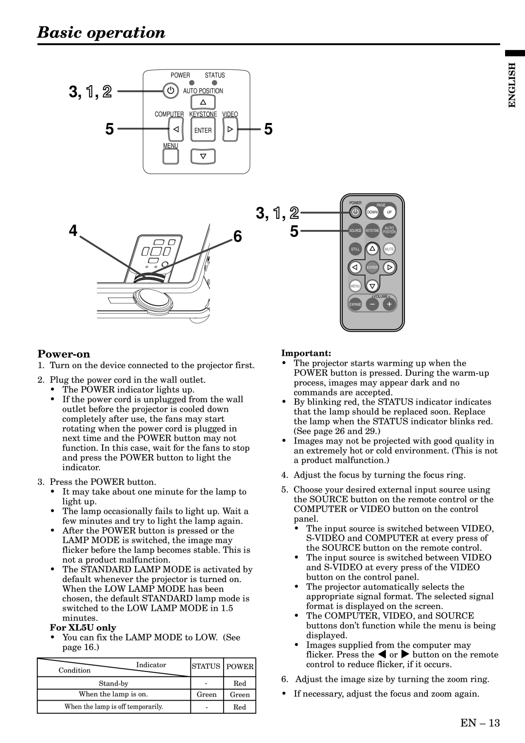 Mitsubishi Electronics user manual Basic operation, Power-on, For XL5U only, 3, 1, English 