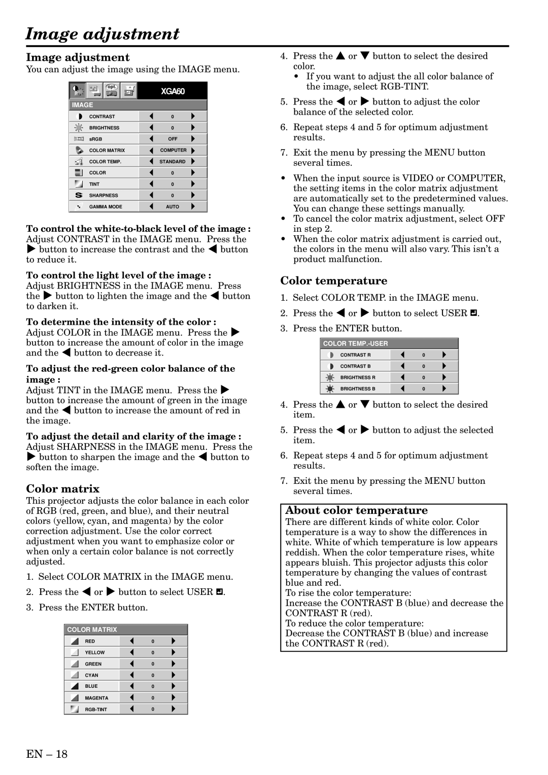 Mitsubishi Electronics XL5U user manual Image adjustment, Color matrix, Color temperature, About color temperature 