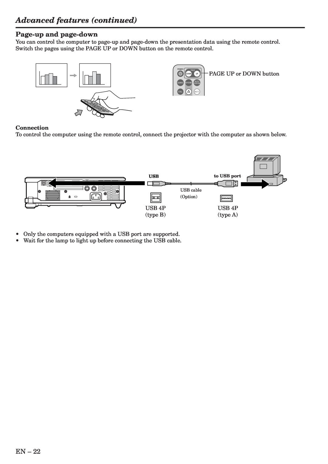 Mitsubishi Electronics XL5U user manual Advanced features continued, Page-up and page-down, Connection 