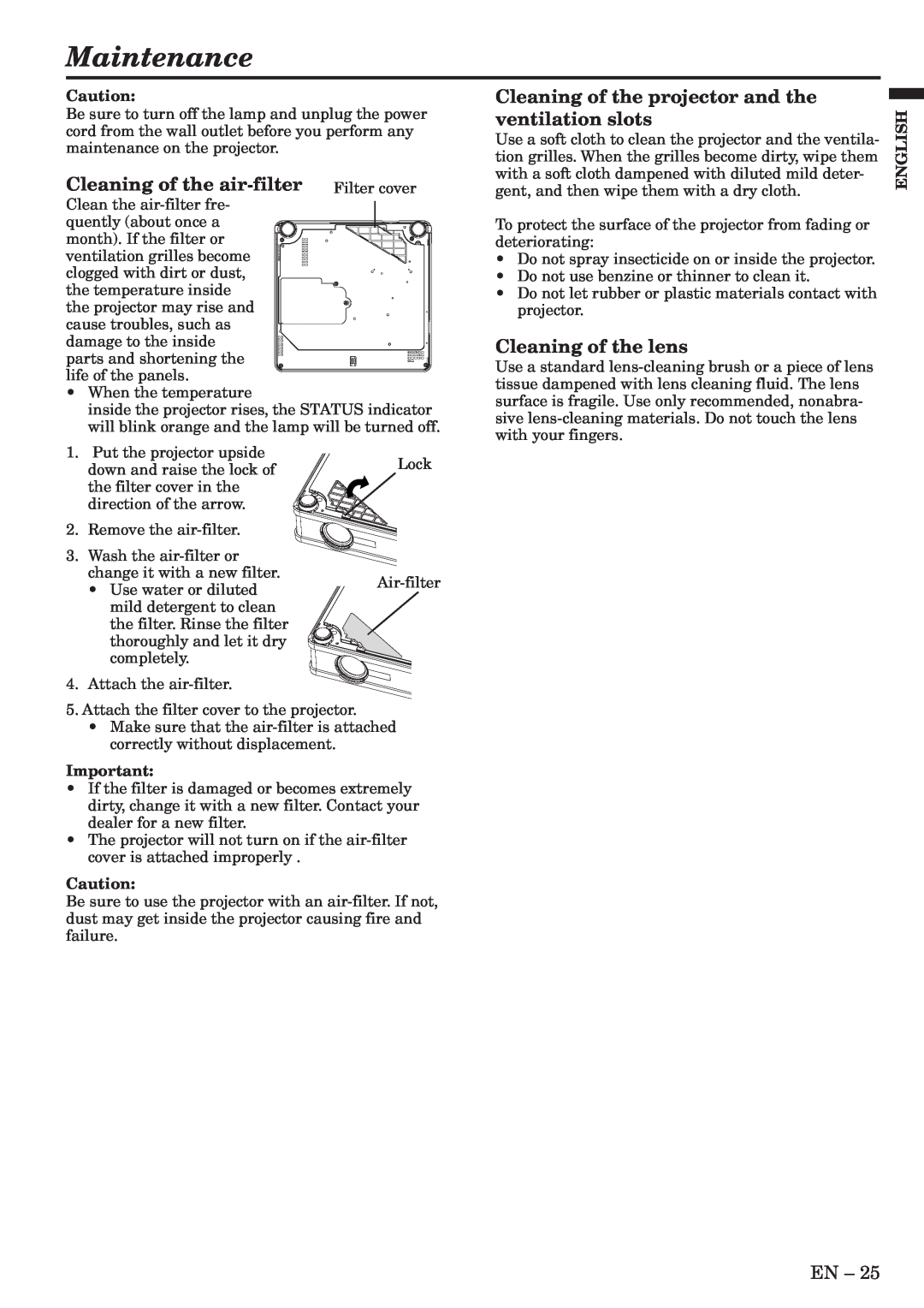 Mitsubishi Electronics XL5U user manual Maintenance, Cleaning of the air-filter Filter cover, Cleaning of the lens, English 