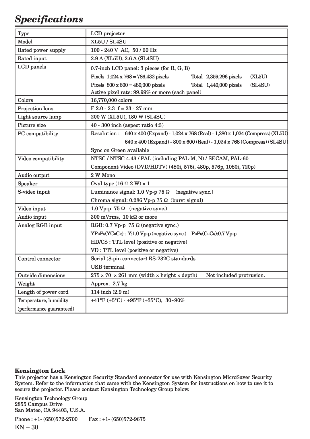 Mitsubishi Electronics XL5U user manual Specifications, Kensington Lock 