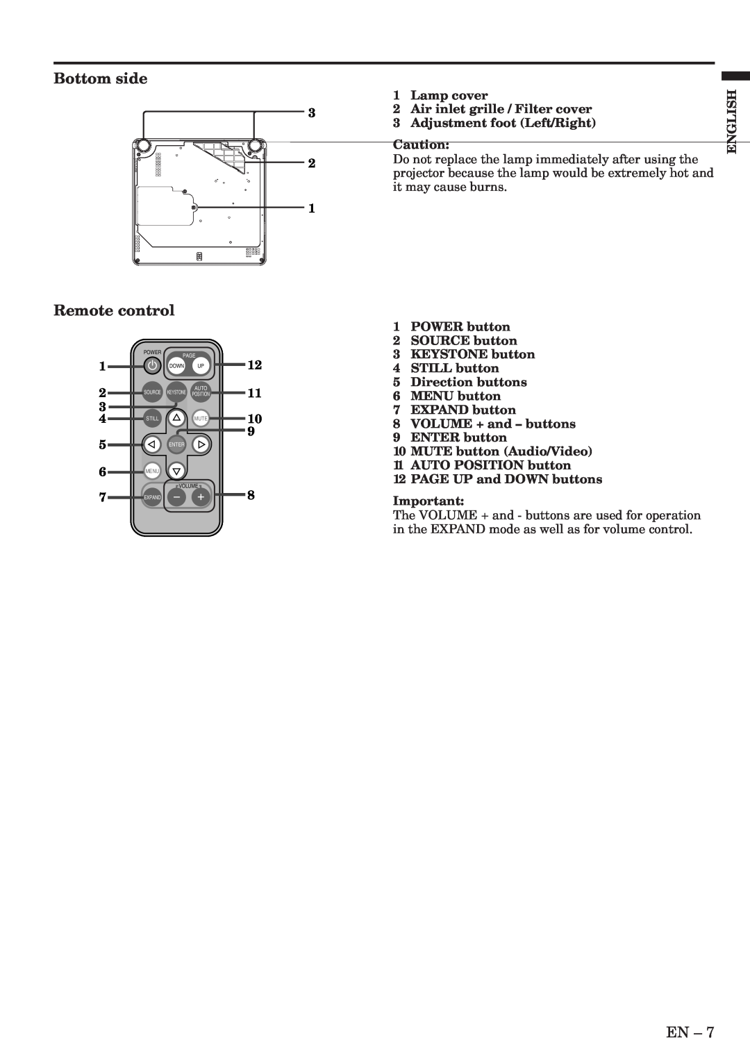 Mitsubishi Electronics XL5U user manual Bottom side, Remote control, Lamp cover 2 Air inlet grille / Filter cover, English 