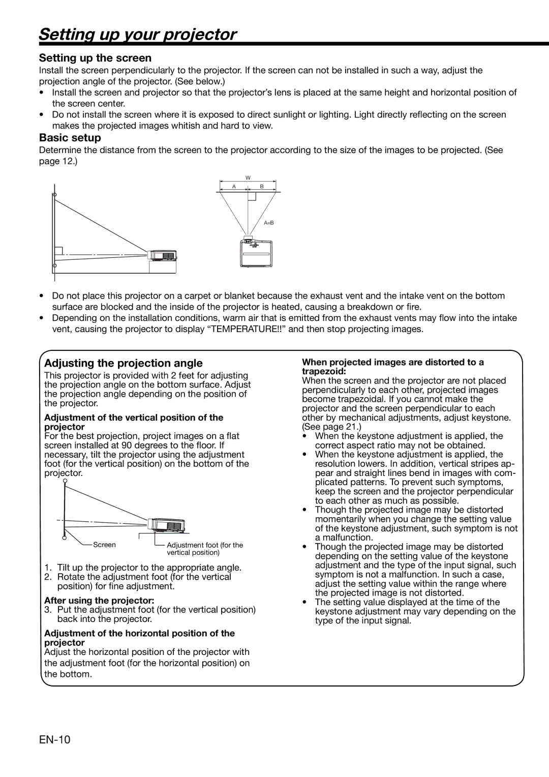 Mitsubishi Electronics XL650U user manual Setting up your projector, Setting up the screen, Basic setup, EN-10 