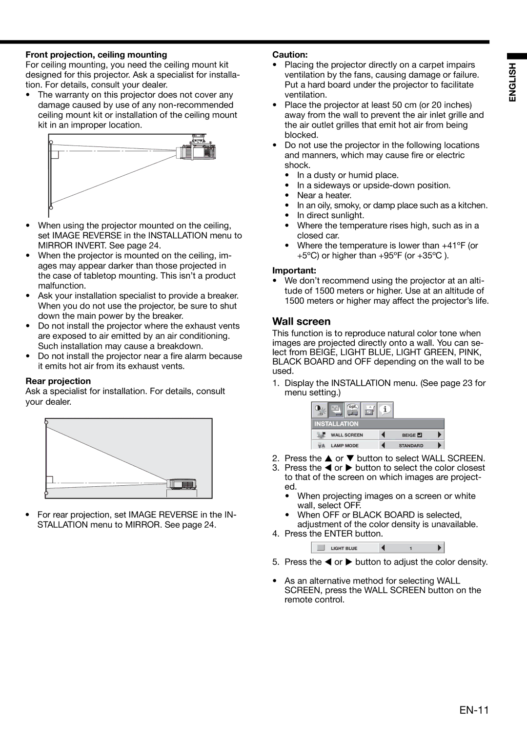 Mitsubishi Electronics XL650U user manual Wall screen, EN-11, Front projection, ceiling mounting, Rear projection 