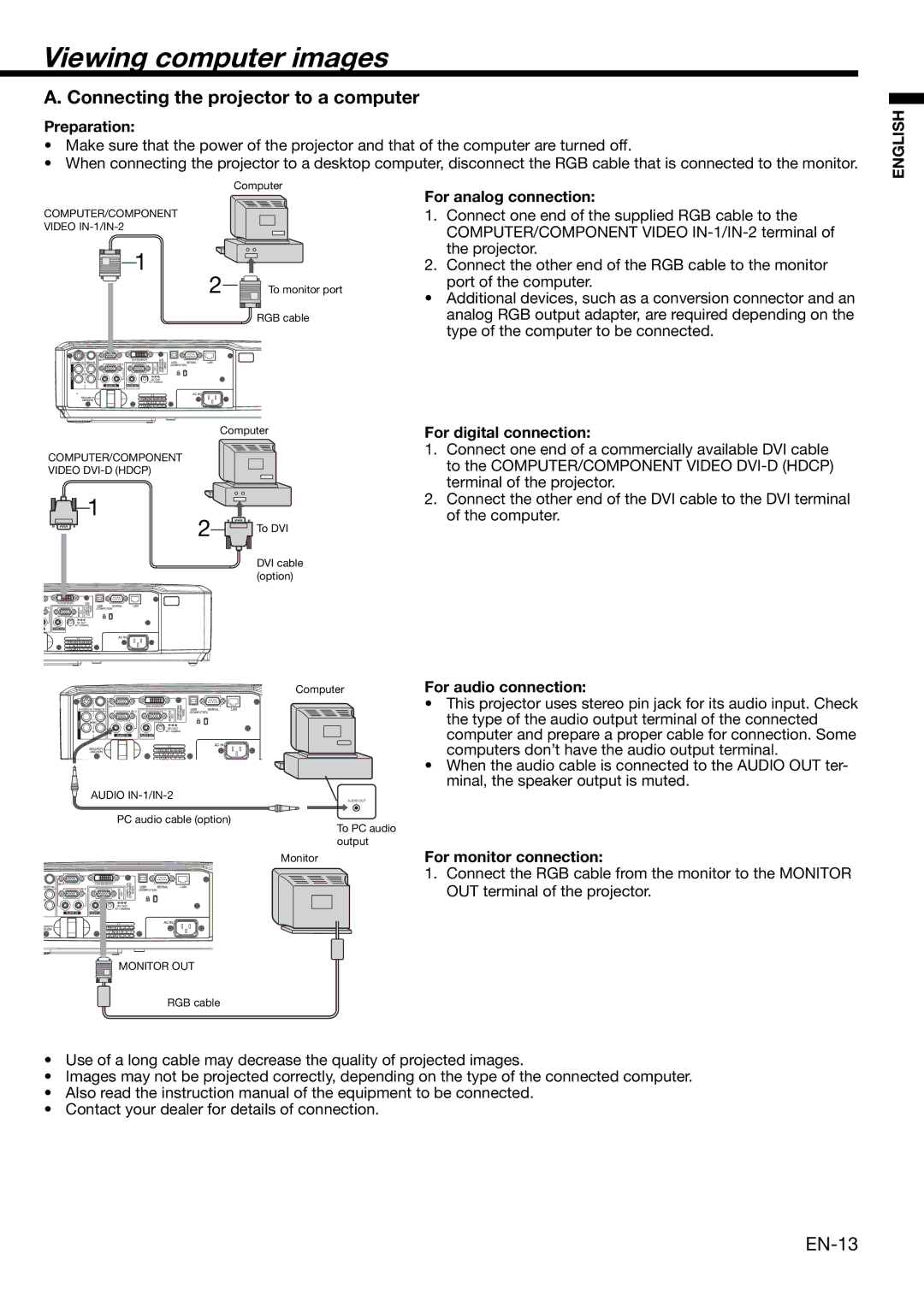 Mitsubishi Electronics XL650U user manual Viewing computer images, Connecting the projector to a computer, EN-13 