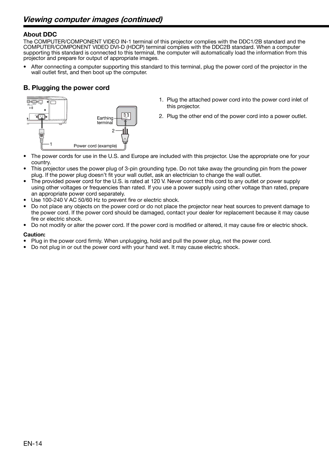 Mitsubishi Electronics XL650U user manual Viewing computer images, Plugging the power cord, EN-14, About DDC 