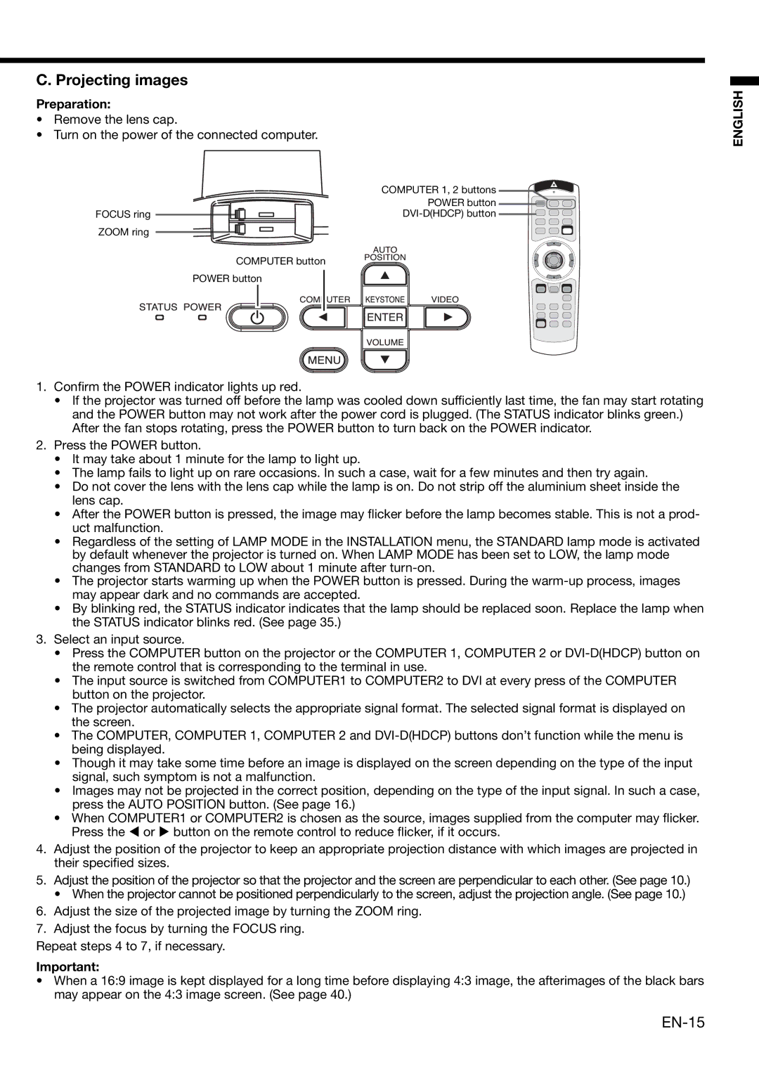 Mitsubishi Electronics XL650U user manual Projecting images, EN-15 